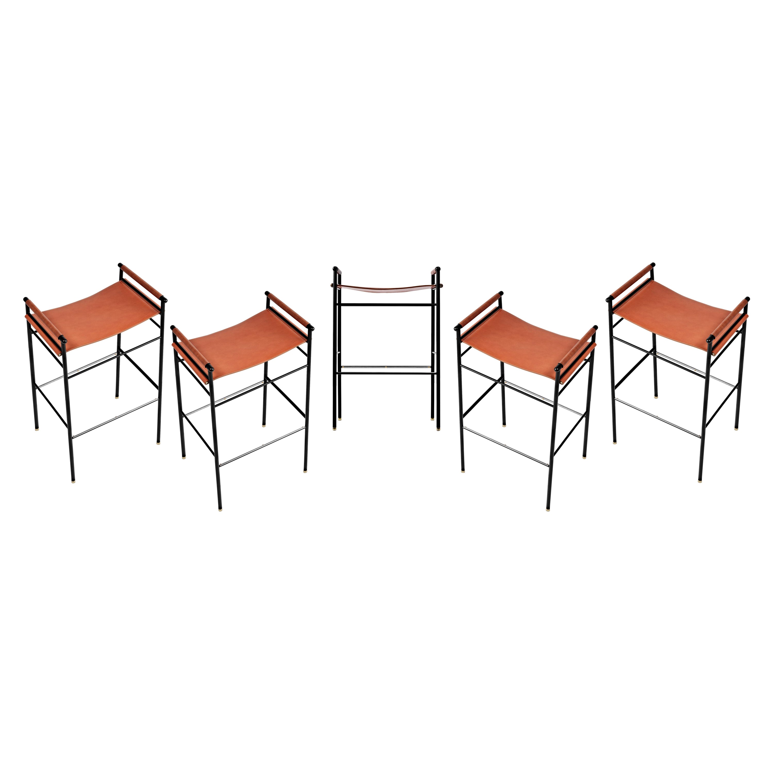Zeitgenössischer Barhocker aus natürlichem Tabakleder und schwarzem Gummimetall, 5er-Set