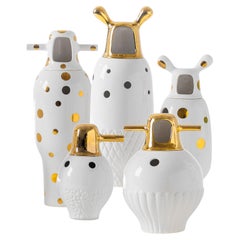 Set of 5 Contemporary white & gold Glazed Ceramic Showtime Vases by Jaime Hayon