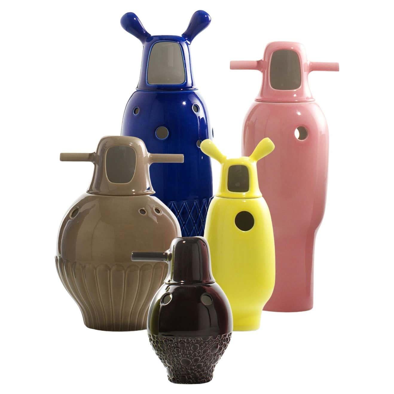 Set of 5 Contemporary Glazed Ceramic Showtime Vase Collection by Jaime Hayon For Sale