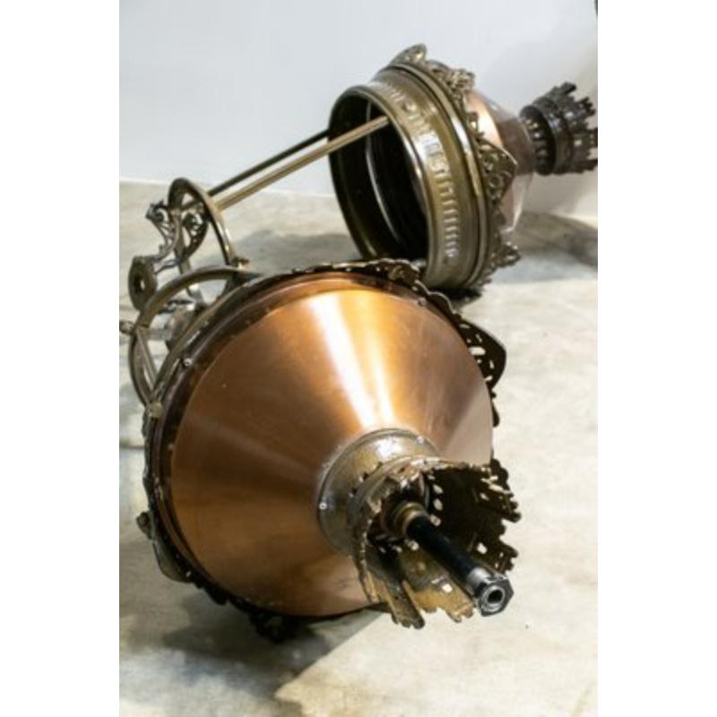 Set of 5 Copper and Brass City of Paris Lanterns, 1970s

Vintage Design
In their original patina, which can be re-electrified. The large lanterns are 100 cm high, 40 cm in diameter. Small are 78 cm high, and 30 cm in diameter.
*The cable of this