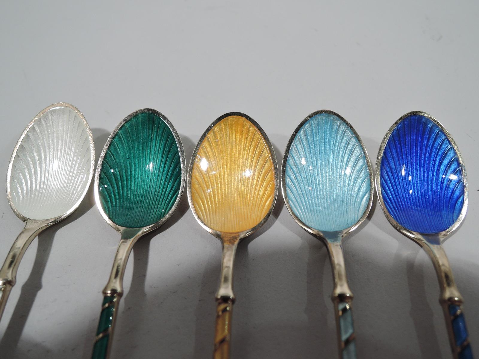 Mid-Century Modern Set of 5 Danish Modern Gilt Sterling Silver & Enamel Demitasse Spoons