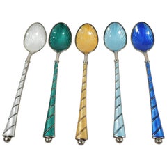 Set of 5 Danish Modern Gilt Sterling Silver & Enamel Demitasse Spoons