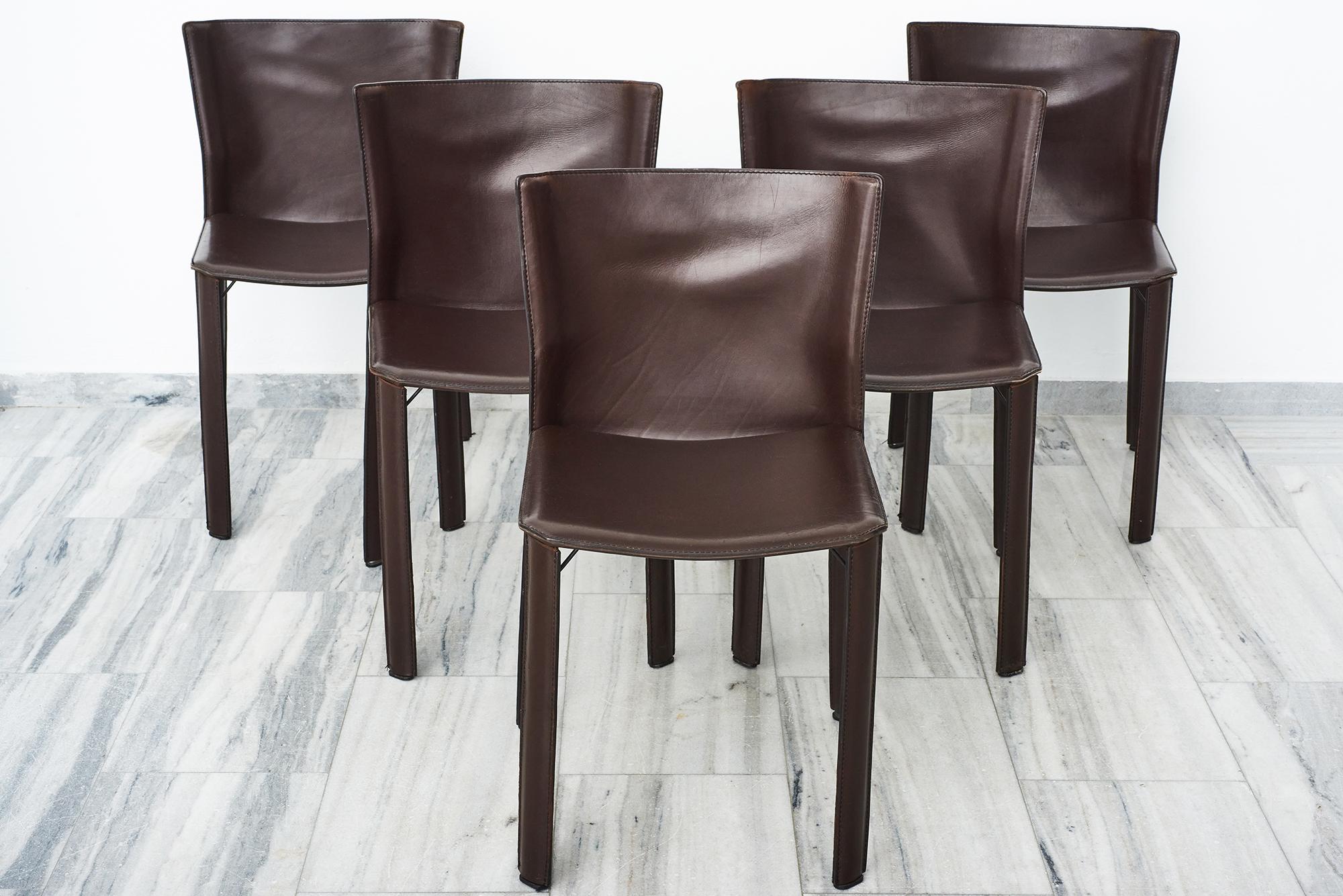 Set of 5 dark brown leather dining chairs For Sale 2