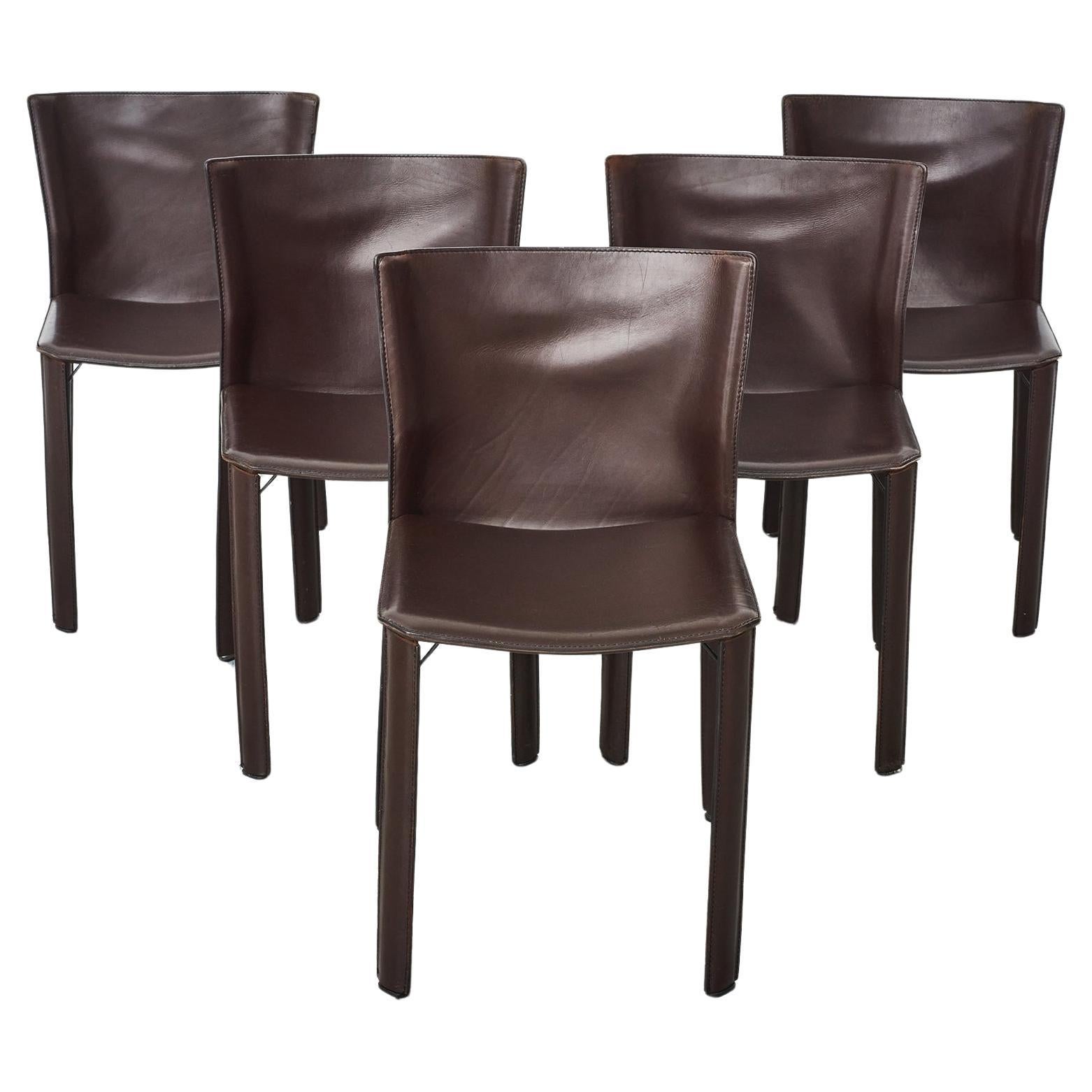 Set of 5 dark brown leather dining chairs For Sale
