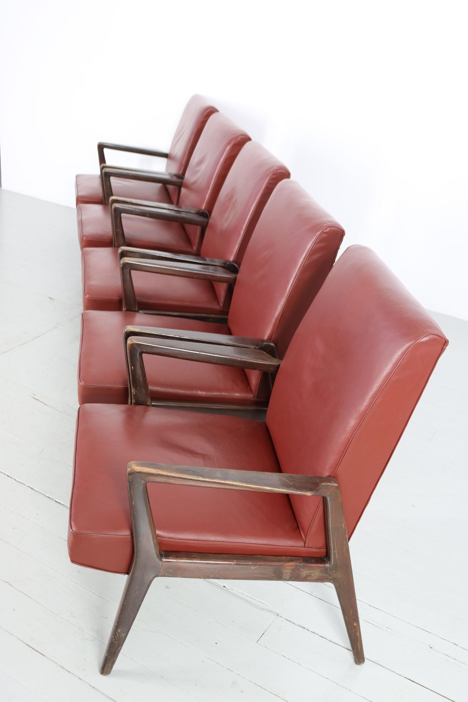 Set of 5 Dark Red Leatherette Armchairs, Italy 1960s For Sale 10