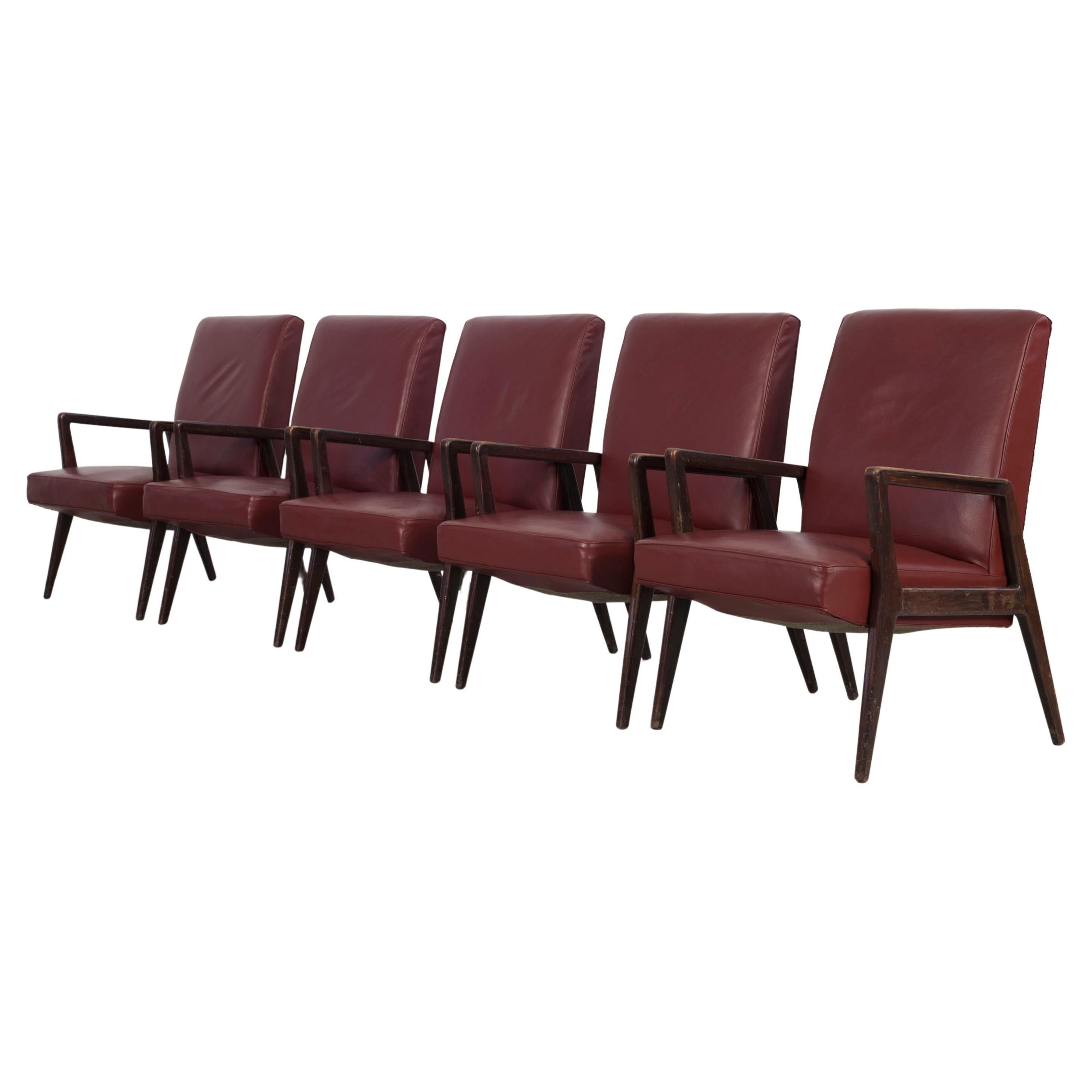 Set of 5 Dark Red Leatherette Armchairs, Italy 1960s