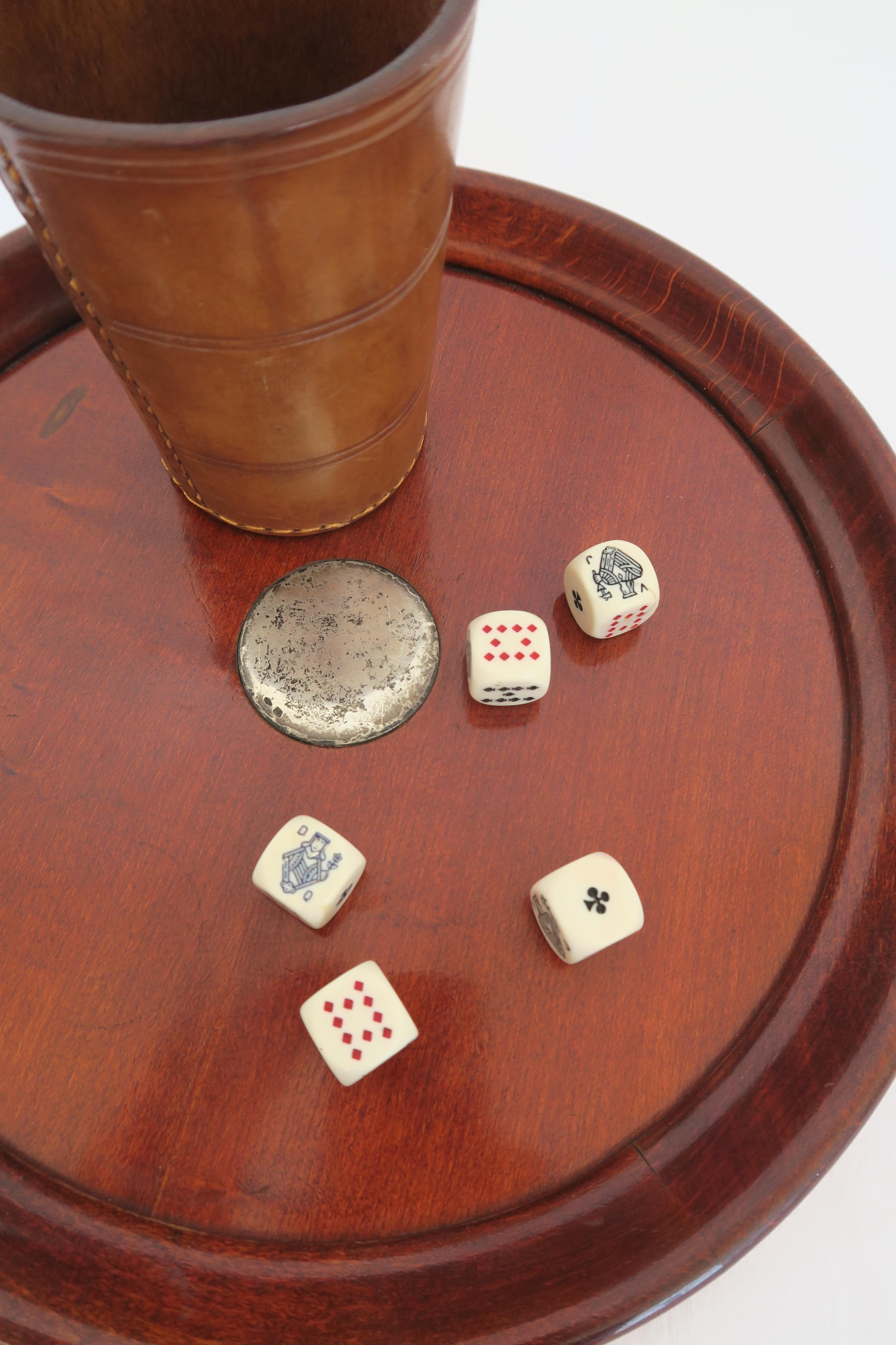 Austrian Set of 5 Dice and Leather Dice Cup with Mahogany Tray