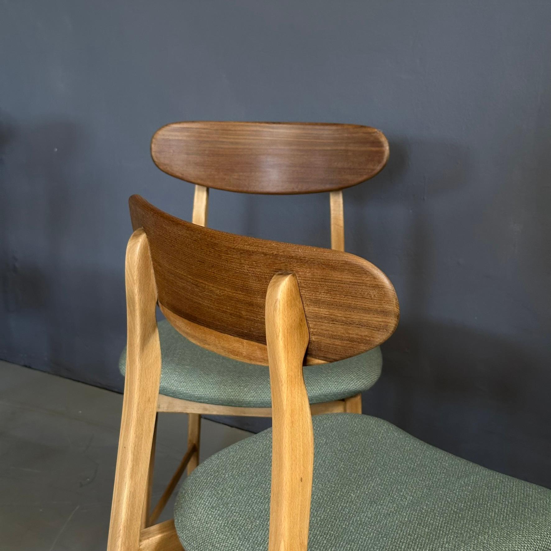 Set of 5 dining chairs, 1960s, wooden frame, light green fabric seat For Sale 2