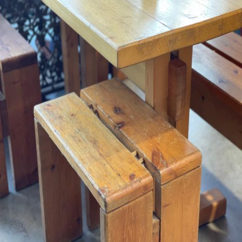 Set of 5, Dining Room Table, Stools and Bench by Charlotte Perriand for Les Arcs For Sale 7