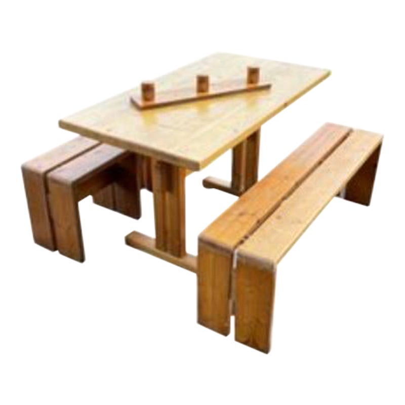 Set of 5, Dining Room Table, Stools and Bench by Charlotte Perriand for Les Arcs For Sale