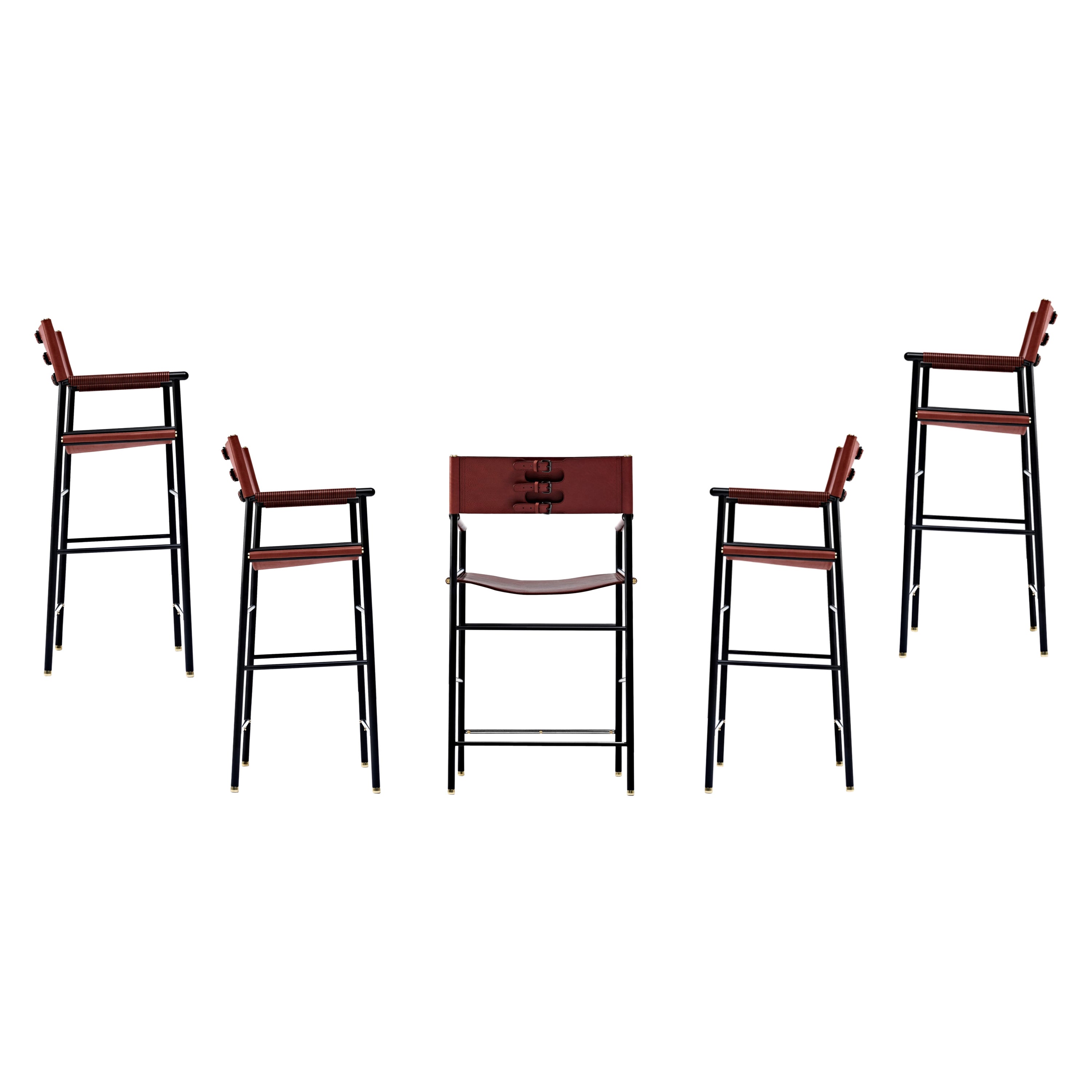 Set von 5 Director's Barhockern, m. Cognacfarbene Rückenlehne aus Leder und schwarzem Gummimetall