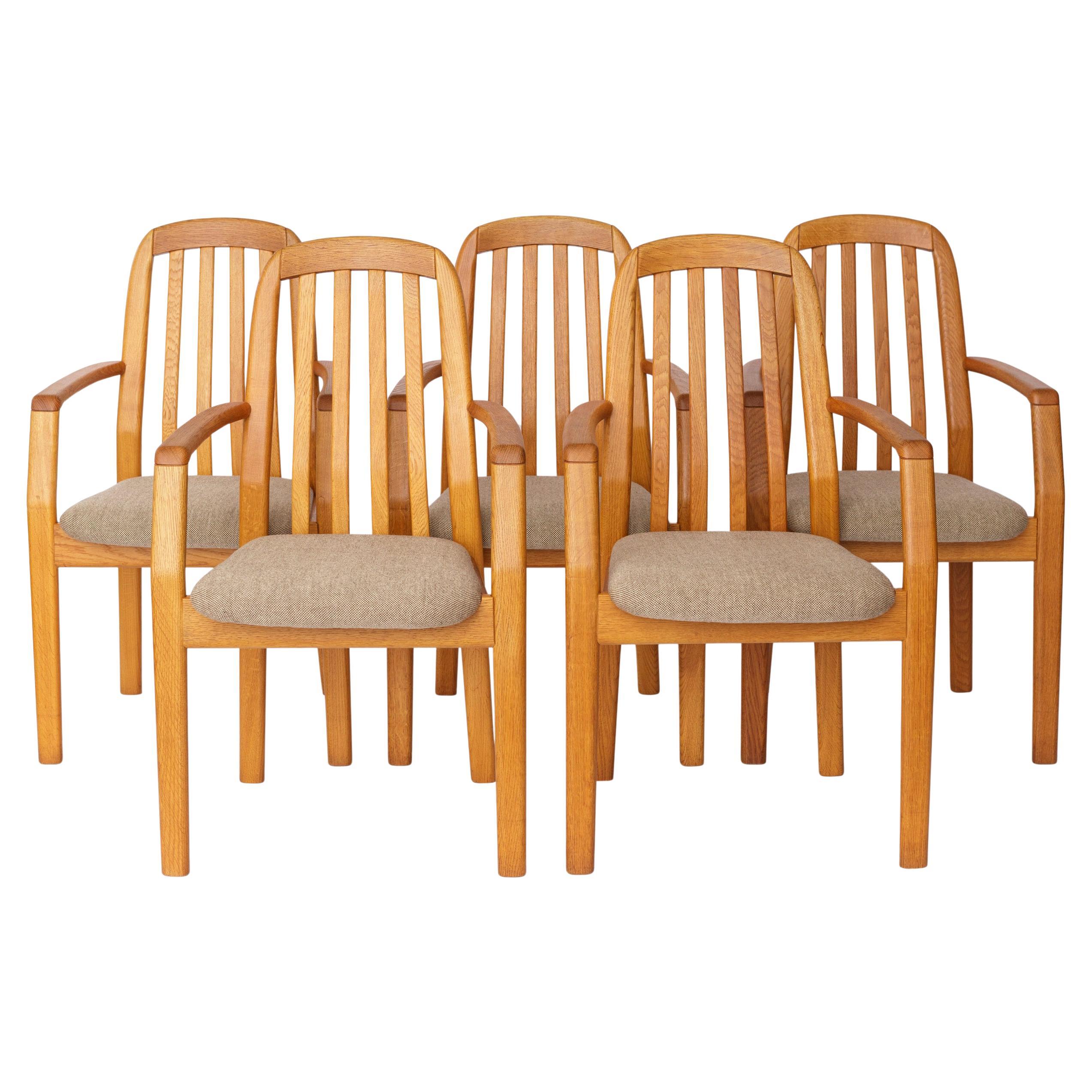 Set of 5 Dyrlund Oak Armchairs, Danish Mid Century Dining Chairs 1970s, Solid Oa For Sale