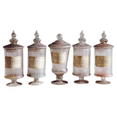 Antique Set of 5 Early 1900s Neapolitan Glass Apothecary Jars