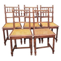 Set of 5 Early 20th C. French Henry II Oak and Canned Seat Dining Chairs