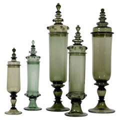 Set of 5 Early 20th Century Green Glass Apothecary Jars by J.L. Lobmeyr