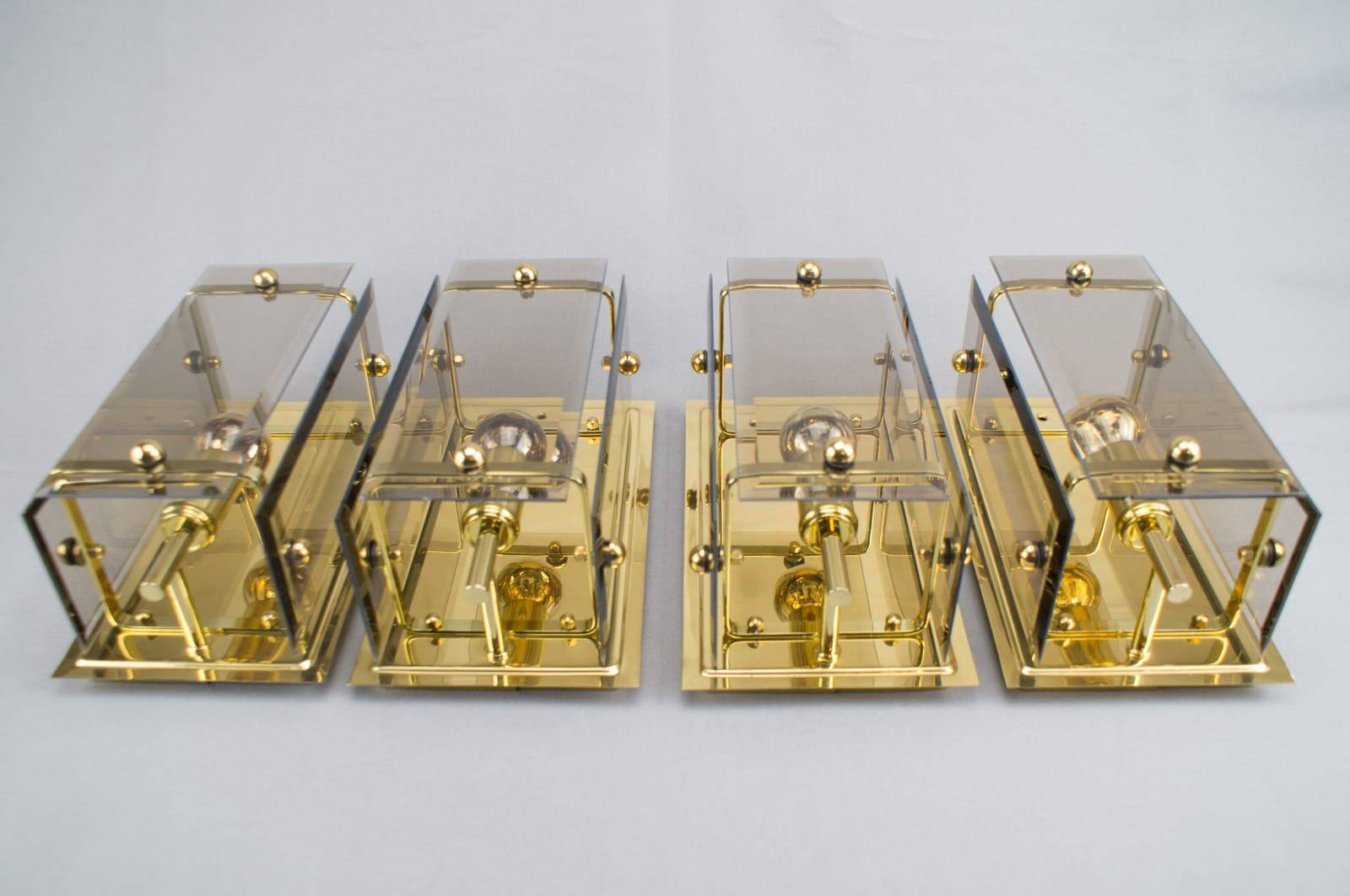 Set of 5 Elegant Midcentury Brass and Smoked Glass Wall Lamps, Germany, 1960s In Good Condition For Sale In Nürnberg, Bayern