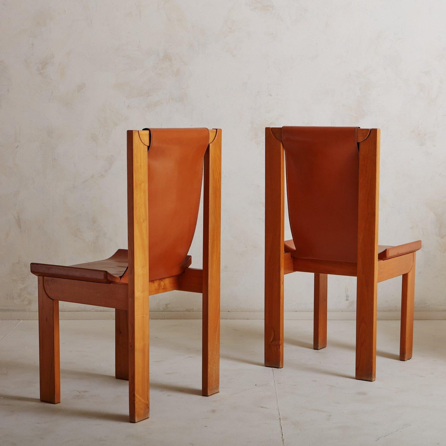 Mid-Century Modern Set of 5 Elm Wood + Cognac Leather Slingback Dining Chairs, Italy, 1970s