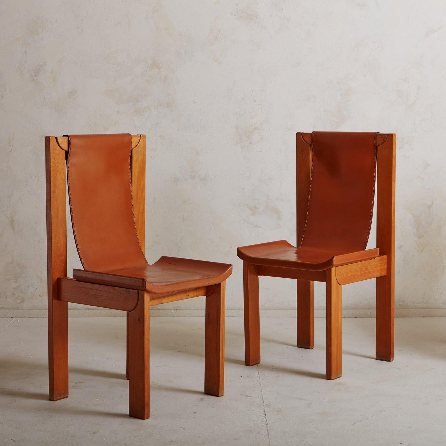 Late 20th Century Set of 5 Elm Wood + Cognac Leather Slingback Dining Chairs, Italy, 1970s