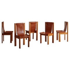 Set of 5 Elm Wood + Cognac Leather Slingback Dining Chairs, Italy, 1970s