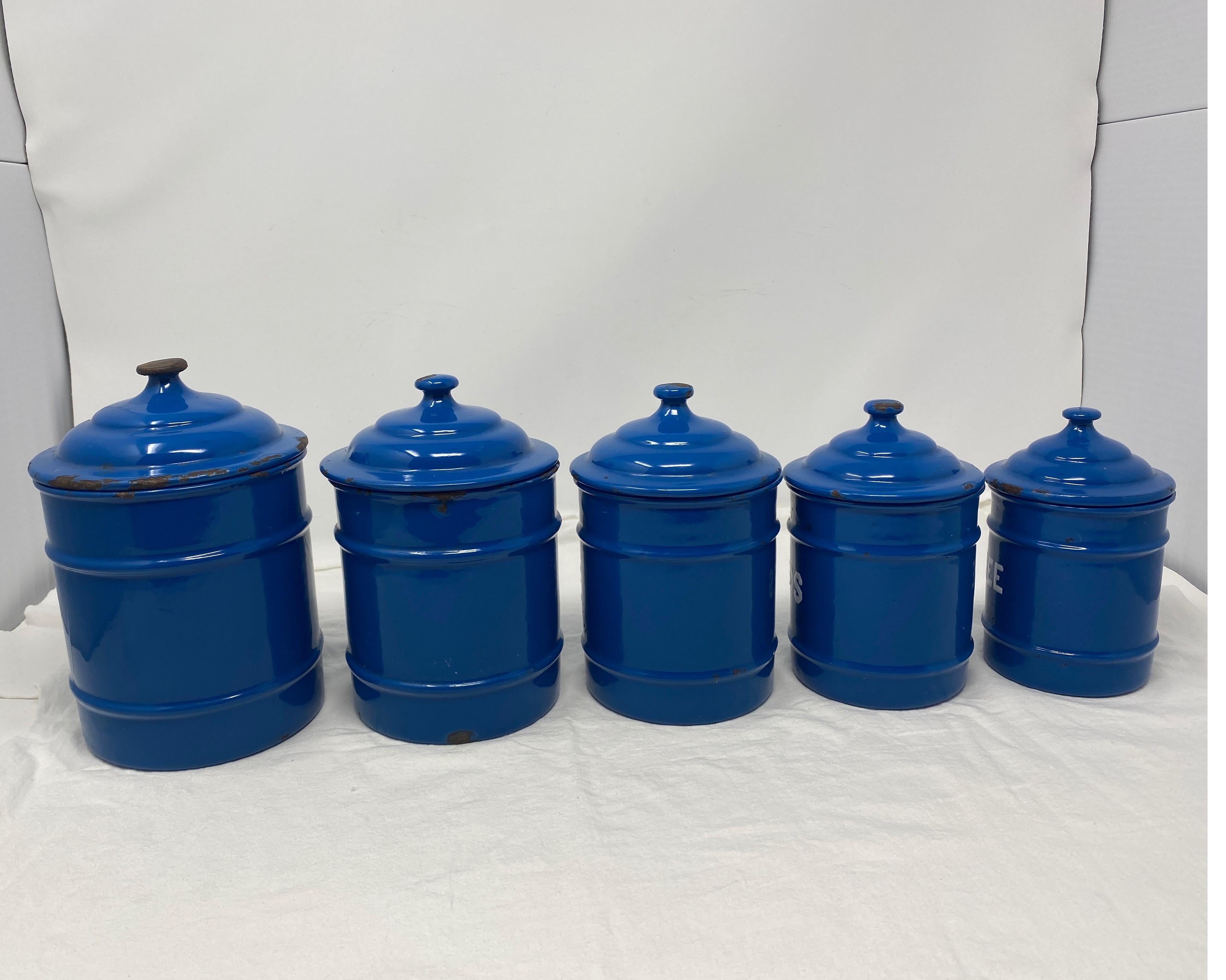 Set of 5 Enameled Canisters In Good Condition In Houston, TX
