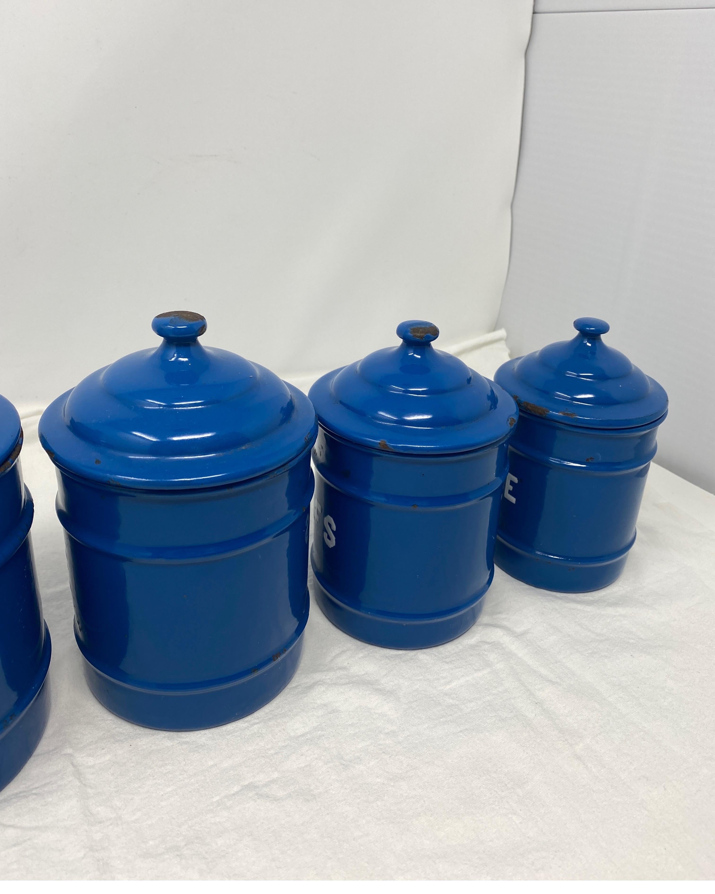 Tin Set of 5 Enameled Canisters