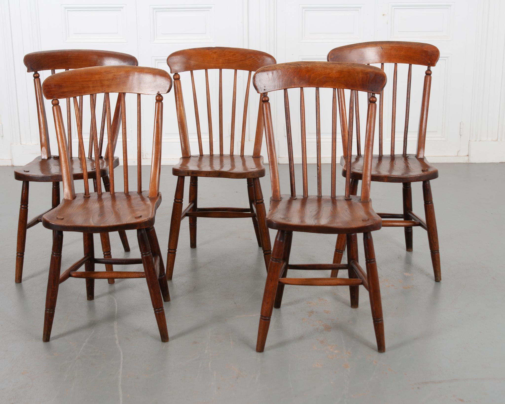 French Provincial Set of 5 English 19th Century Oak Dining Chairs For Sale