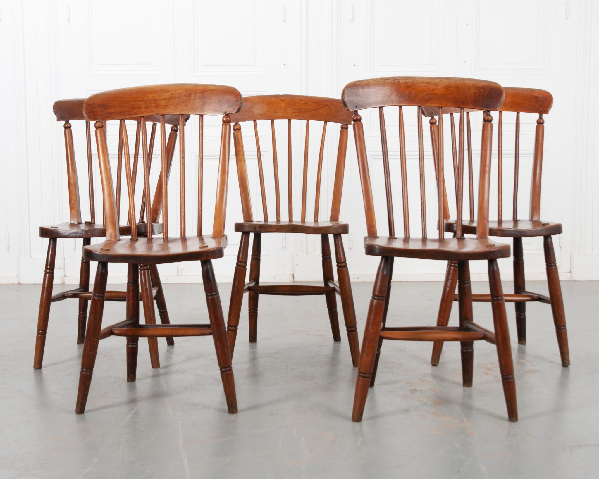 French Set of 5 English 19th Century Oak Dining Chairs For Sale