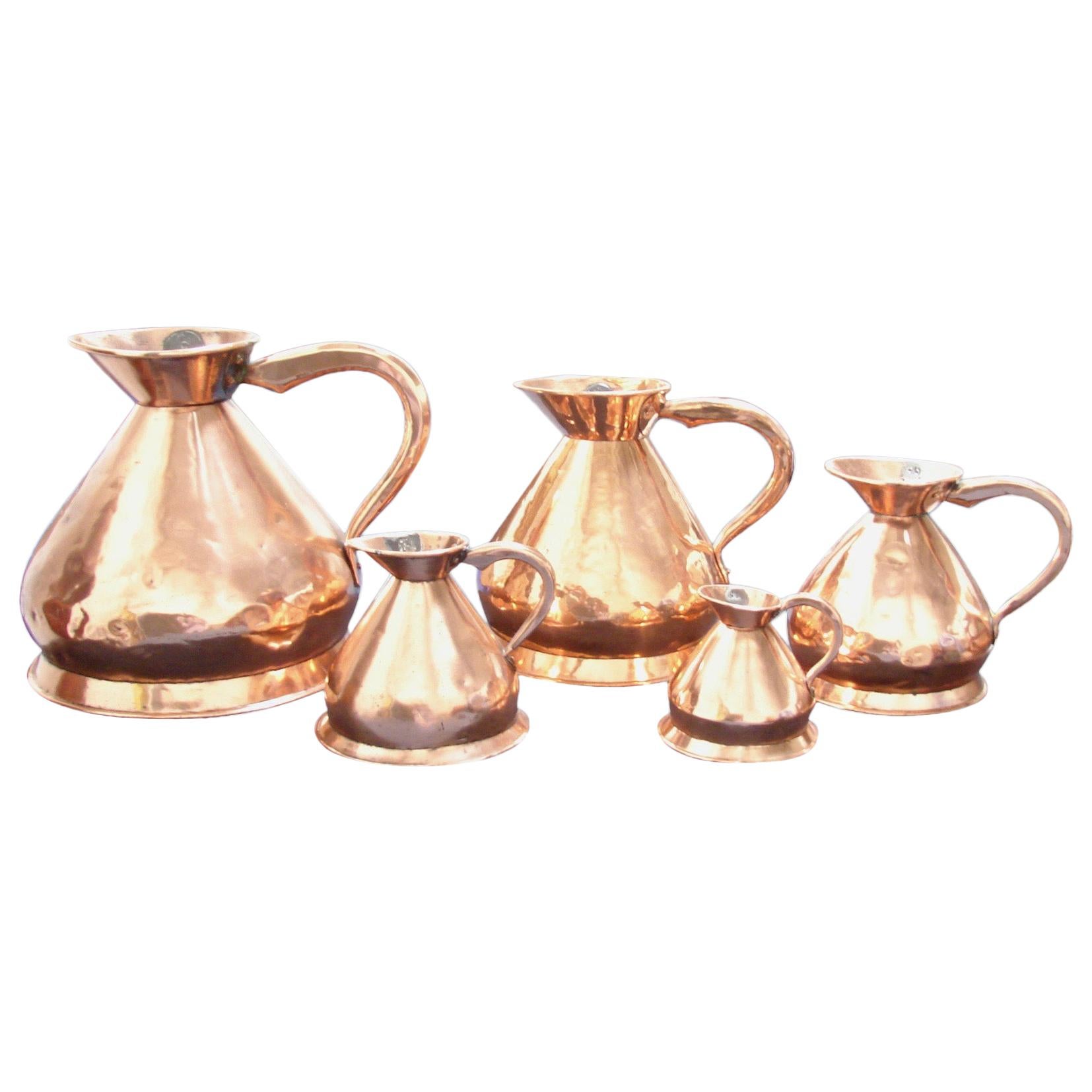 Set of 5 English Copper Graduated Haystack Measures 4 Gallons to 1 Quart