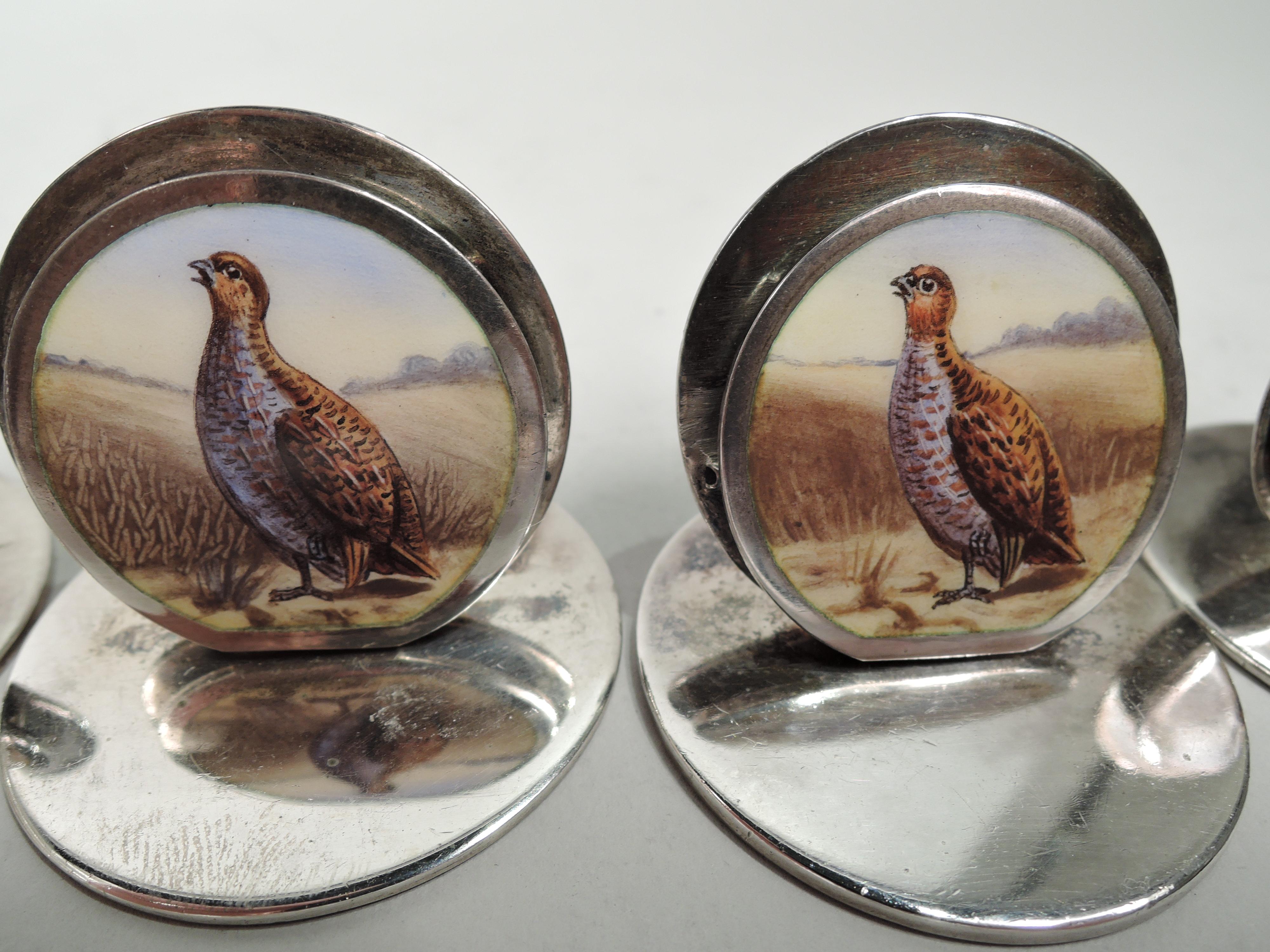 Set of 5 English Edwardian Enamel Game Bird Place Card Holders In Good Condition For Sale In New York, NY