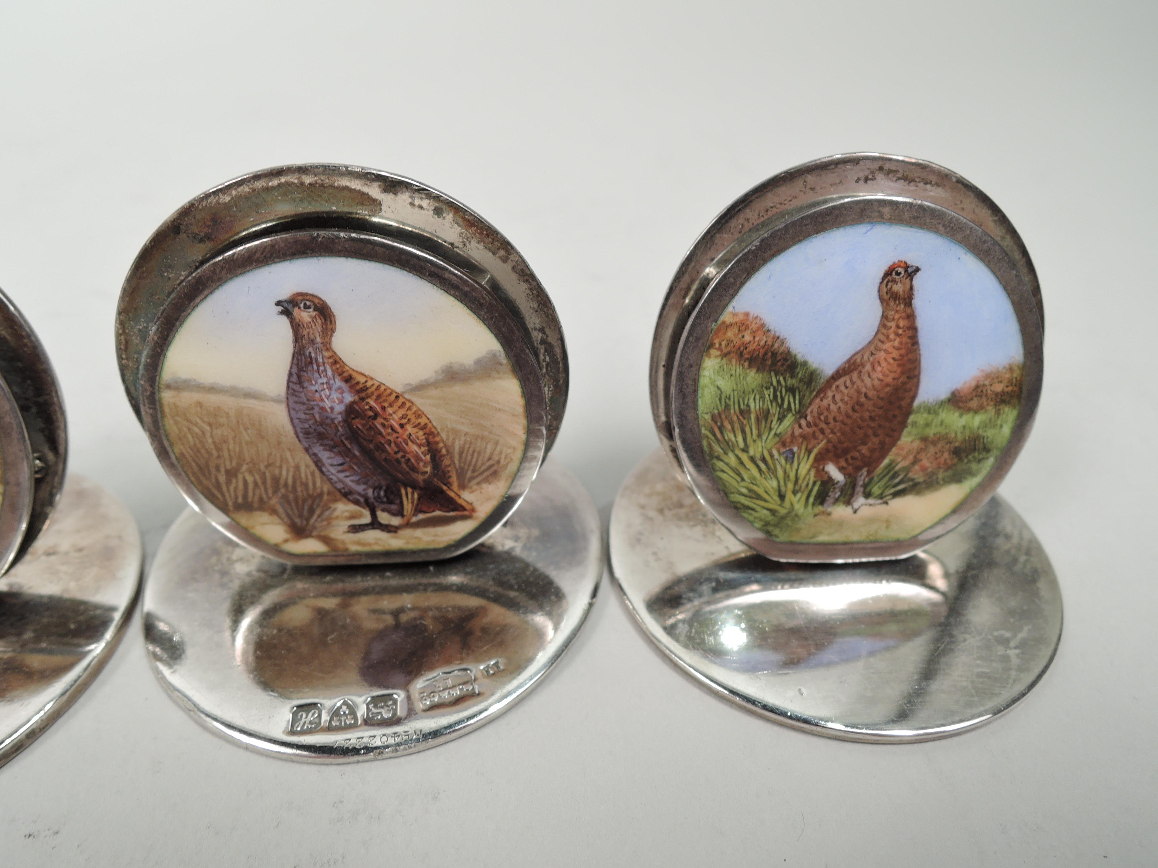 Early 20th Century Set of 5 English Edwardian Enamel Game Bird Place Card Holders For Sale