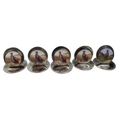 Set of 5 English Edwardian Enamel Game Bird Place Card Holders