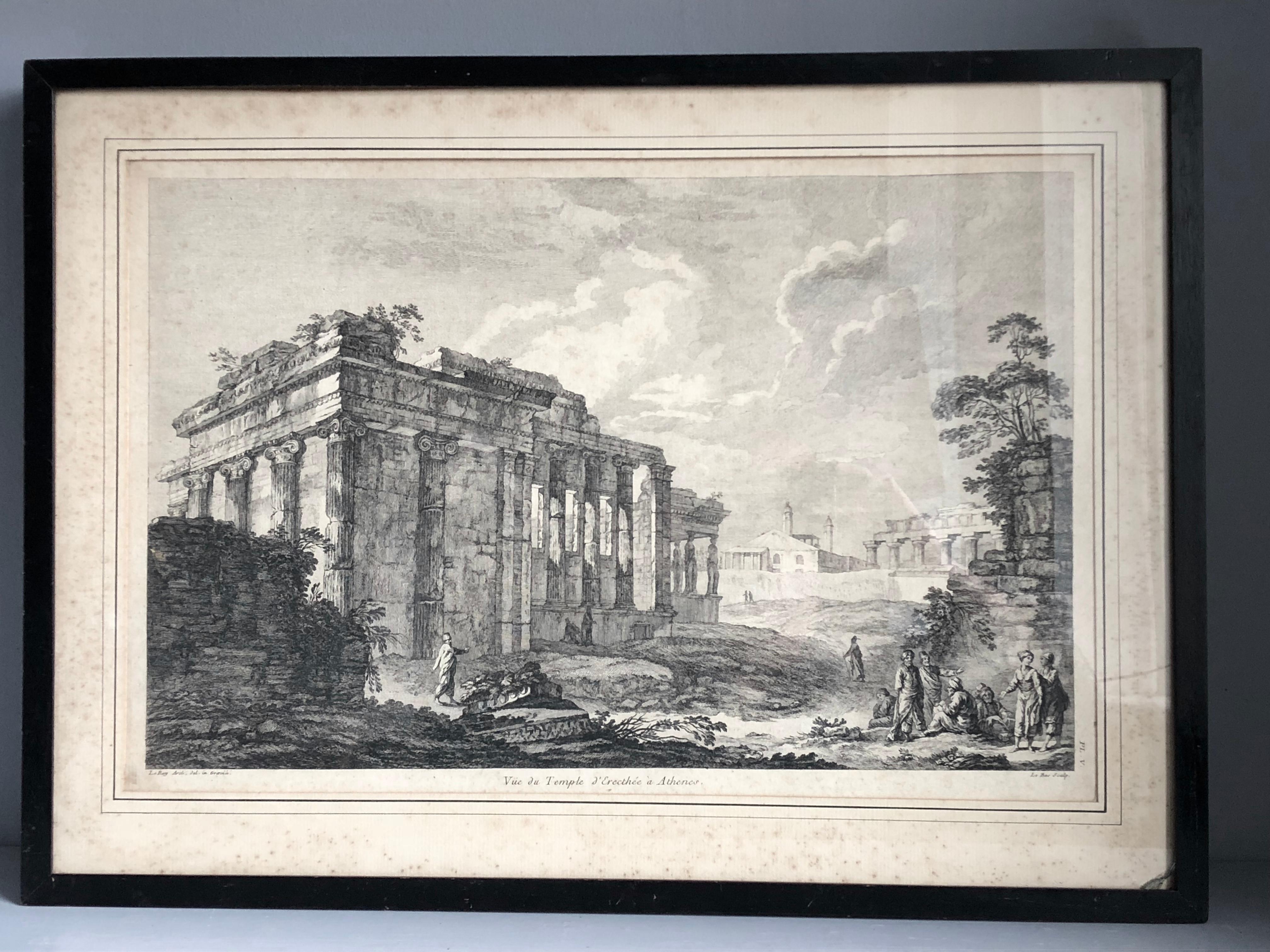 A set of 5 full sheet copper engravings by Julien-David Le Roy from his 1758 series “Les Ruines des plus Beaux Monuments de Grece” matted and under glass in old ebonized wood frames. Collection includes Pl. I - Vue du Temple de Pola en Istrie, Pl.