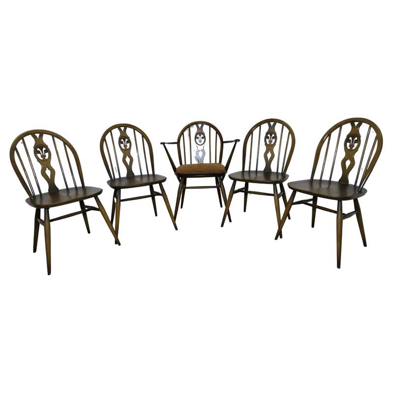 Six Vintage Ercol stick windsor back chairs with two Armchairs For Sale ...