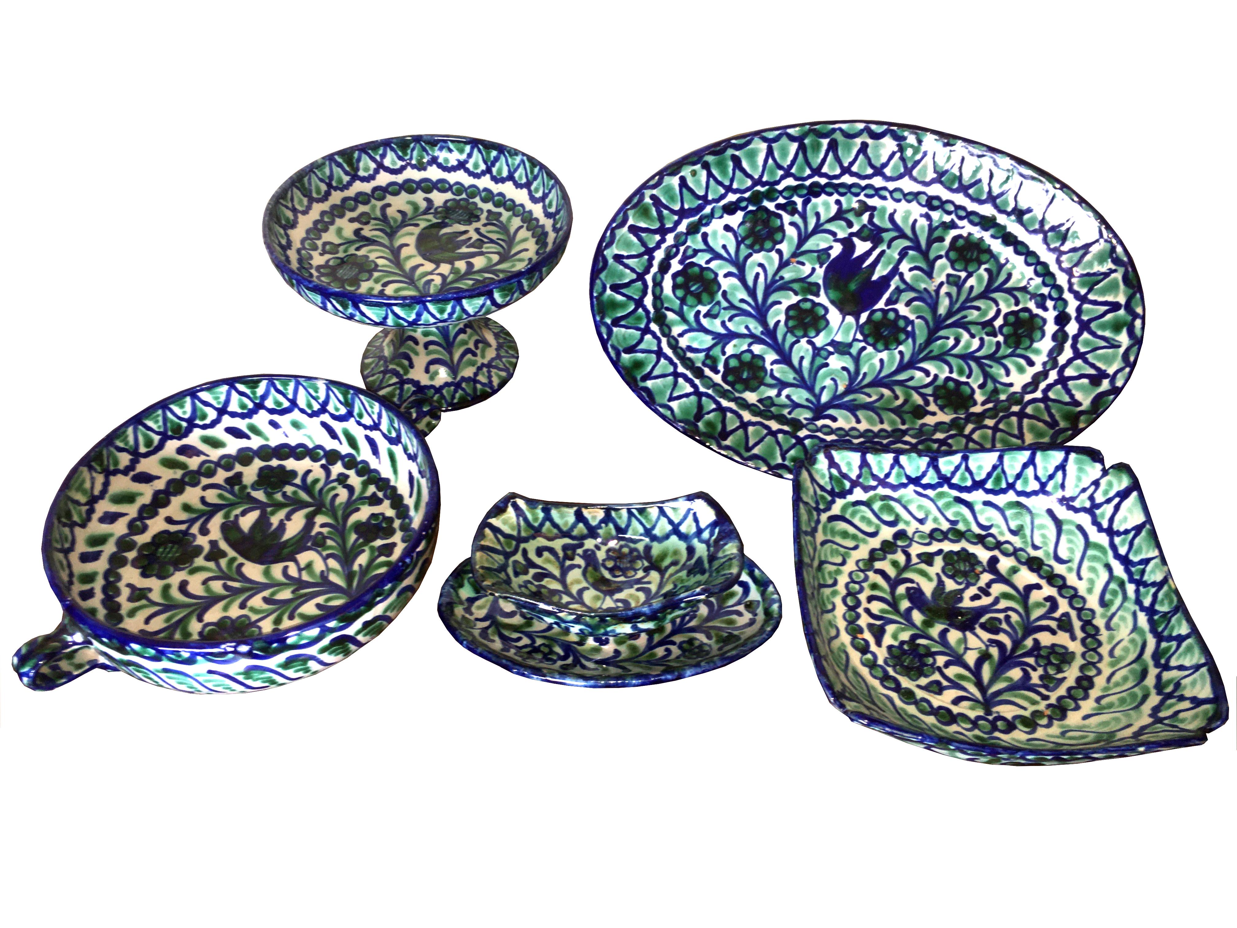 Set of 5 vintage serving dishes of blue and green Granada handmade Fajalauza with bird, flowers and geometric decoration. Fajalauza pottery is the popular pottery made of glazed and decorated earthenware, originally produced in the Albaicín area of