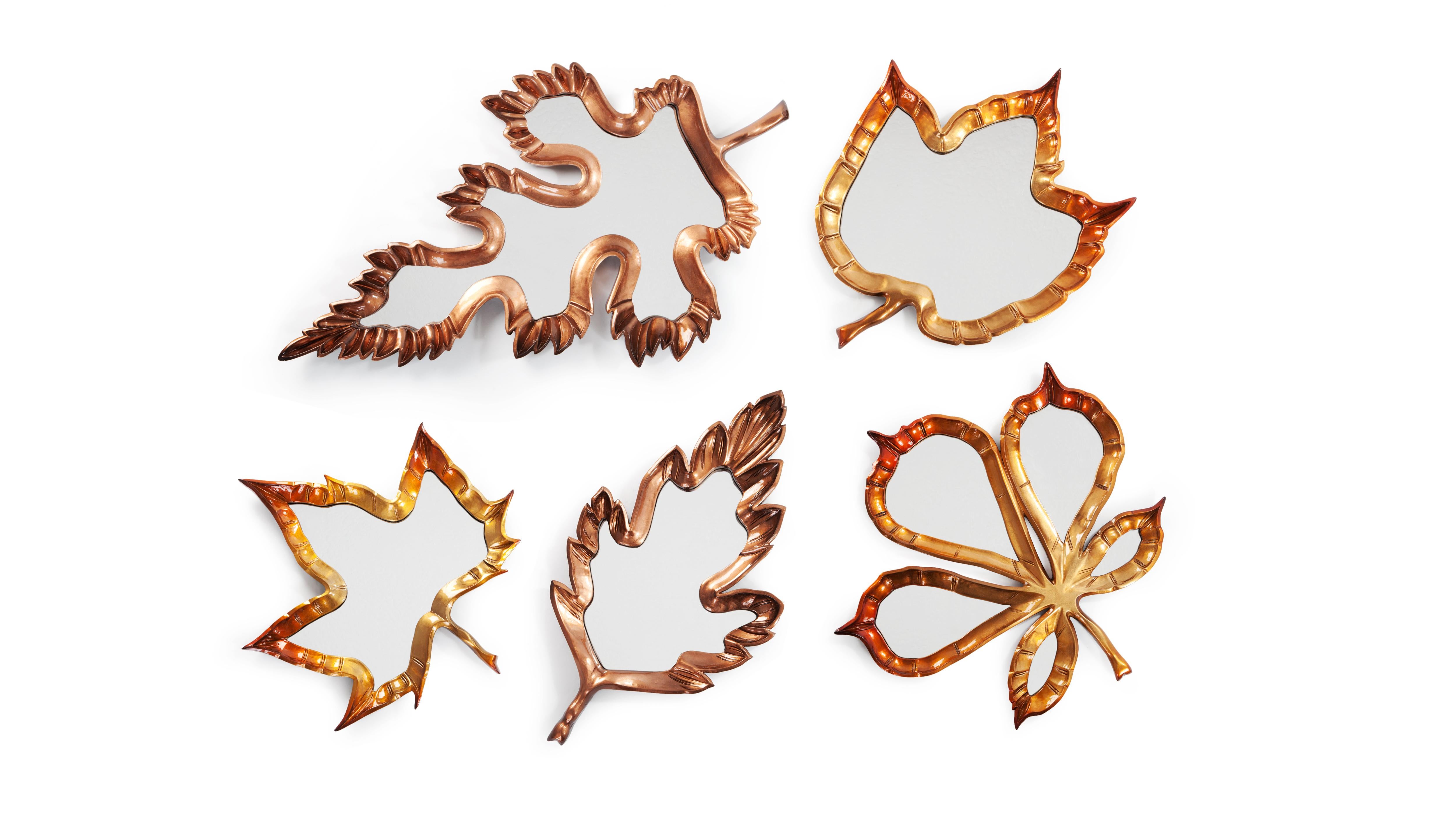 Set of 5 Fallen Leaves Mirrors by InsidherLand
Dimensions: 
Mirror 1 - D 7 x W 43 x H 77 cm
Mirror 2 - D 7 x W 32 x 62 cm
Mirror 3 - D 5 x W 57 x H 55 cm
Mirror 4 - D 5 x W 43 x h 49 cm
Mirror 5 - D 5 x W 36 x H 45 cm
Materials: Hand-carved wood