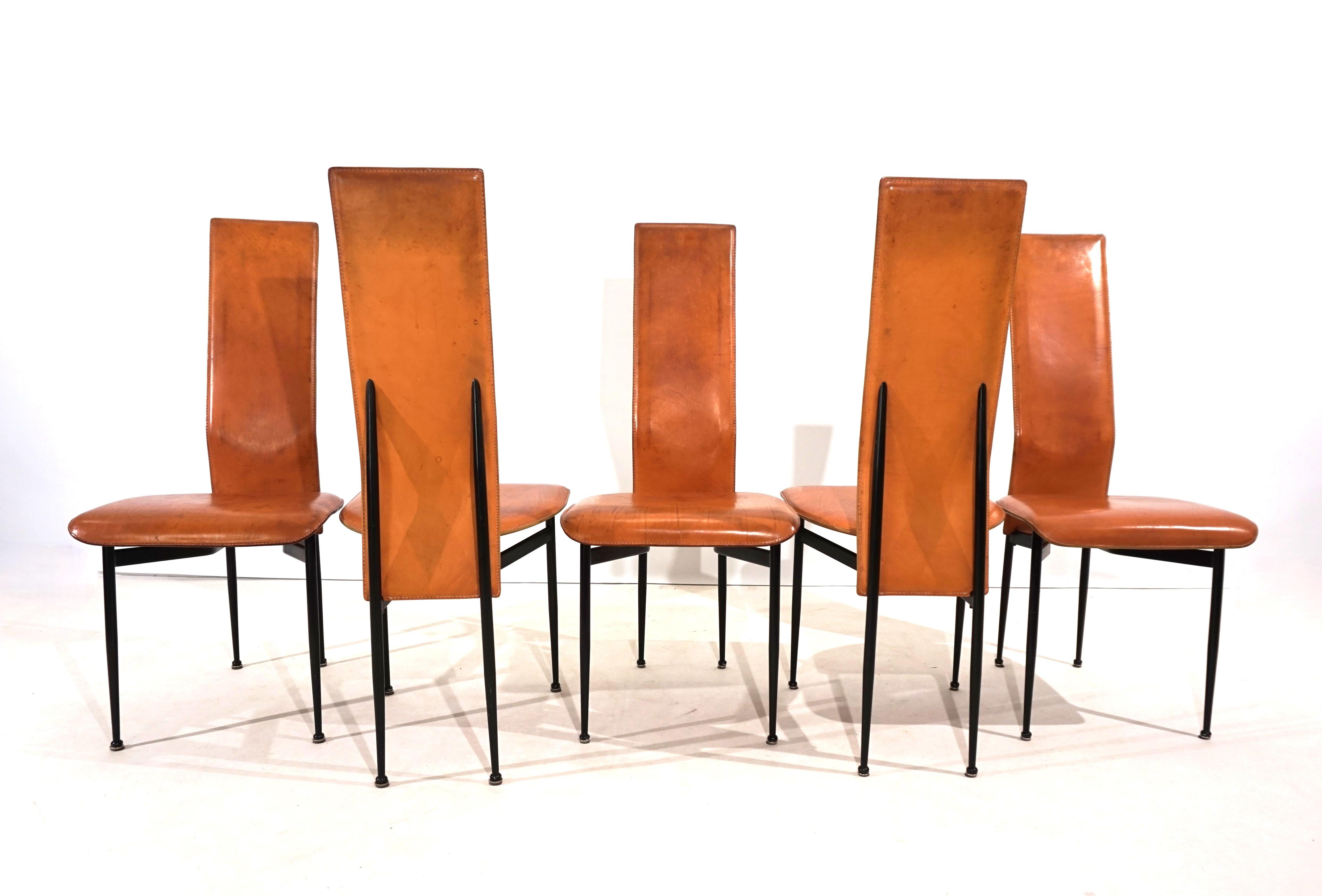 Post-Modern Set of 5 Fasem S44 leather dining chairs by Giancarlo Vegni & Gualtierotti