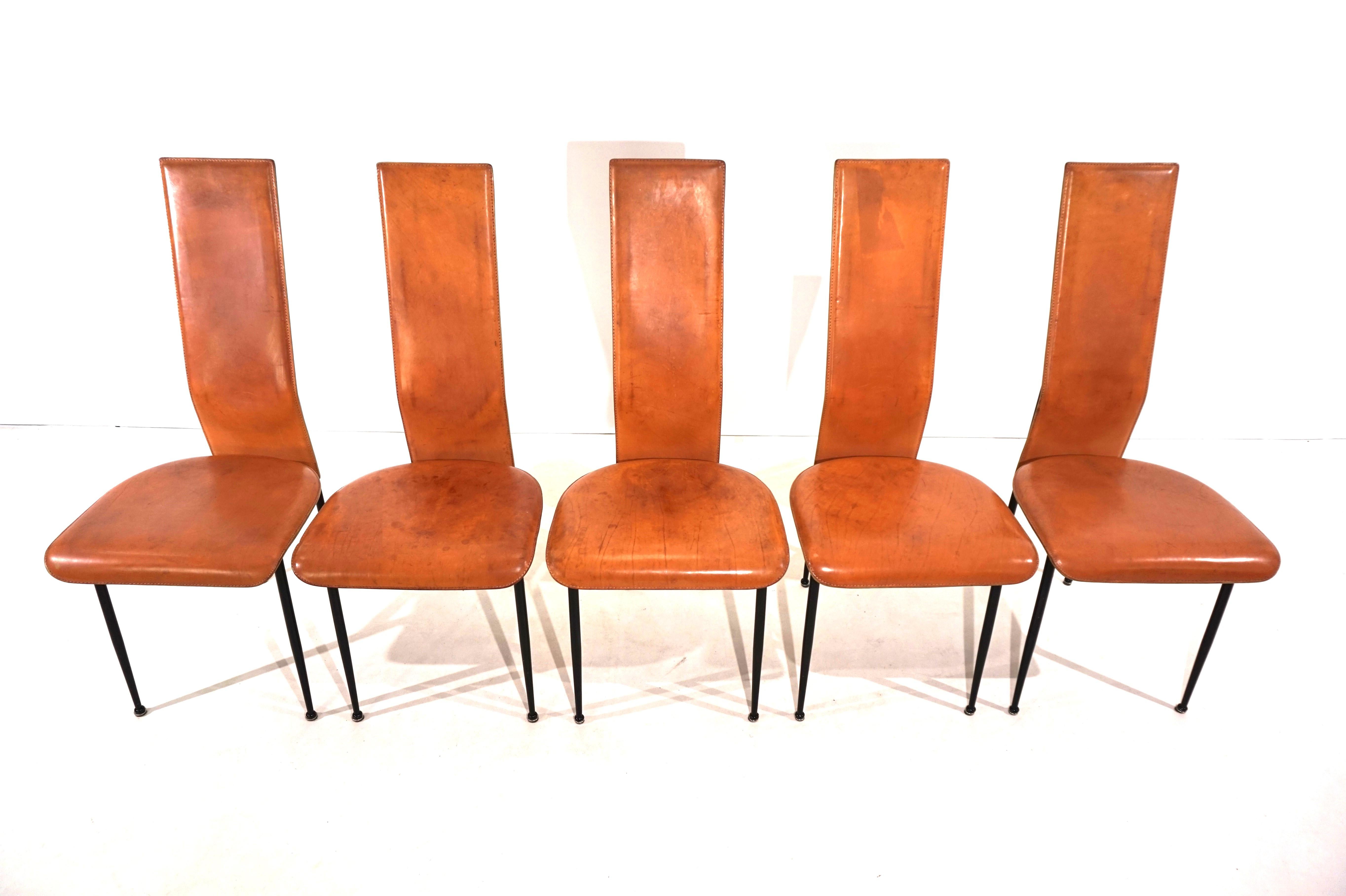 Late 20th Century Set of 5 Fasem S44 leather dining chairs by Giancarlo Vegni & Gualtierotti