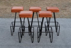 Set of 5 Frederic Weinberg Square-Leg Iron & Orange Leatherette Upholstery 1950s