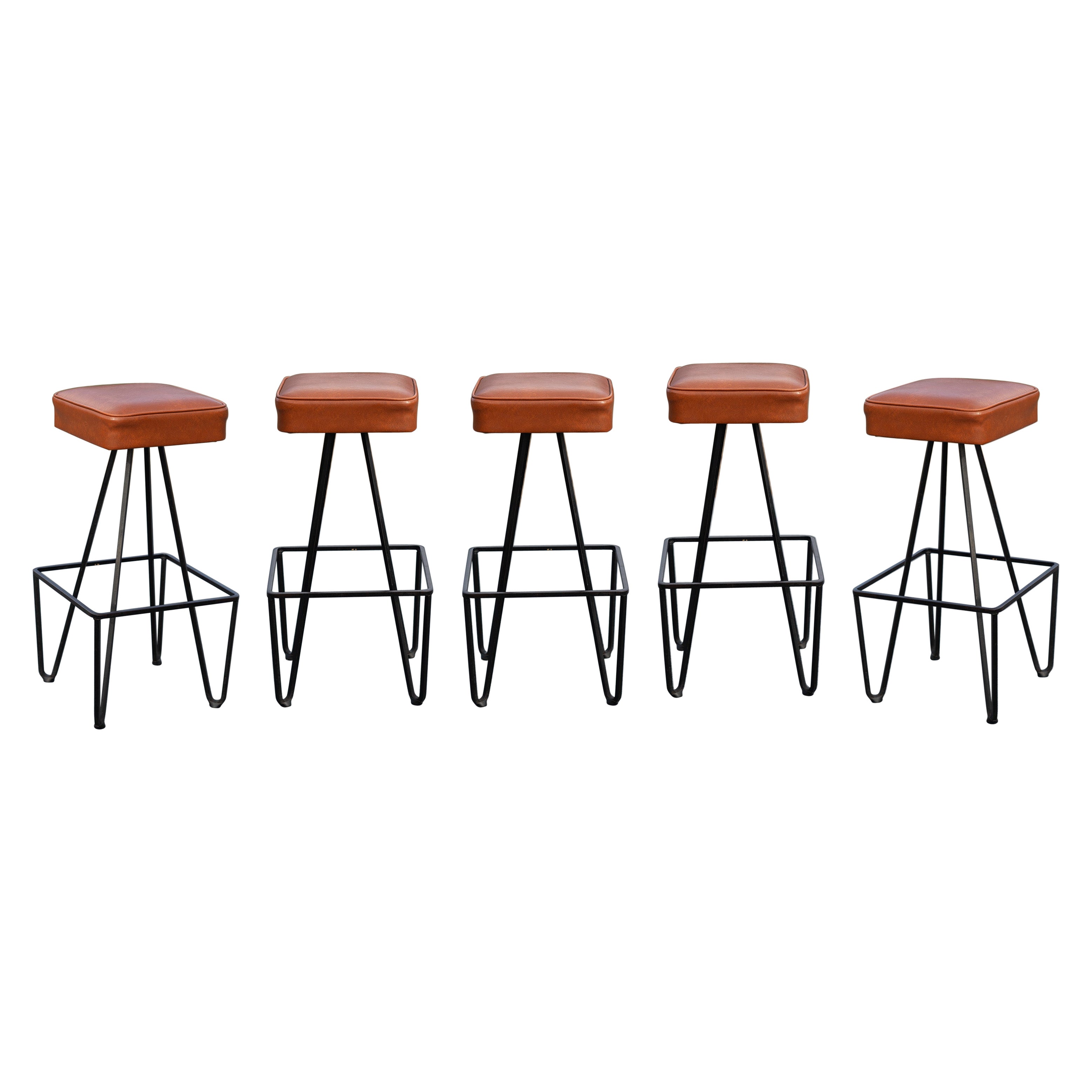 Set of 5 Frederic Weinberg Square-Leg Iron & Orange Leatherette Upholstery 1950s For Sale