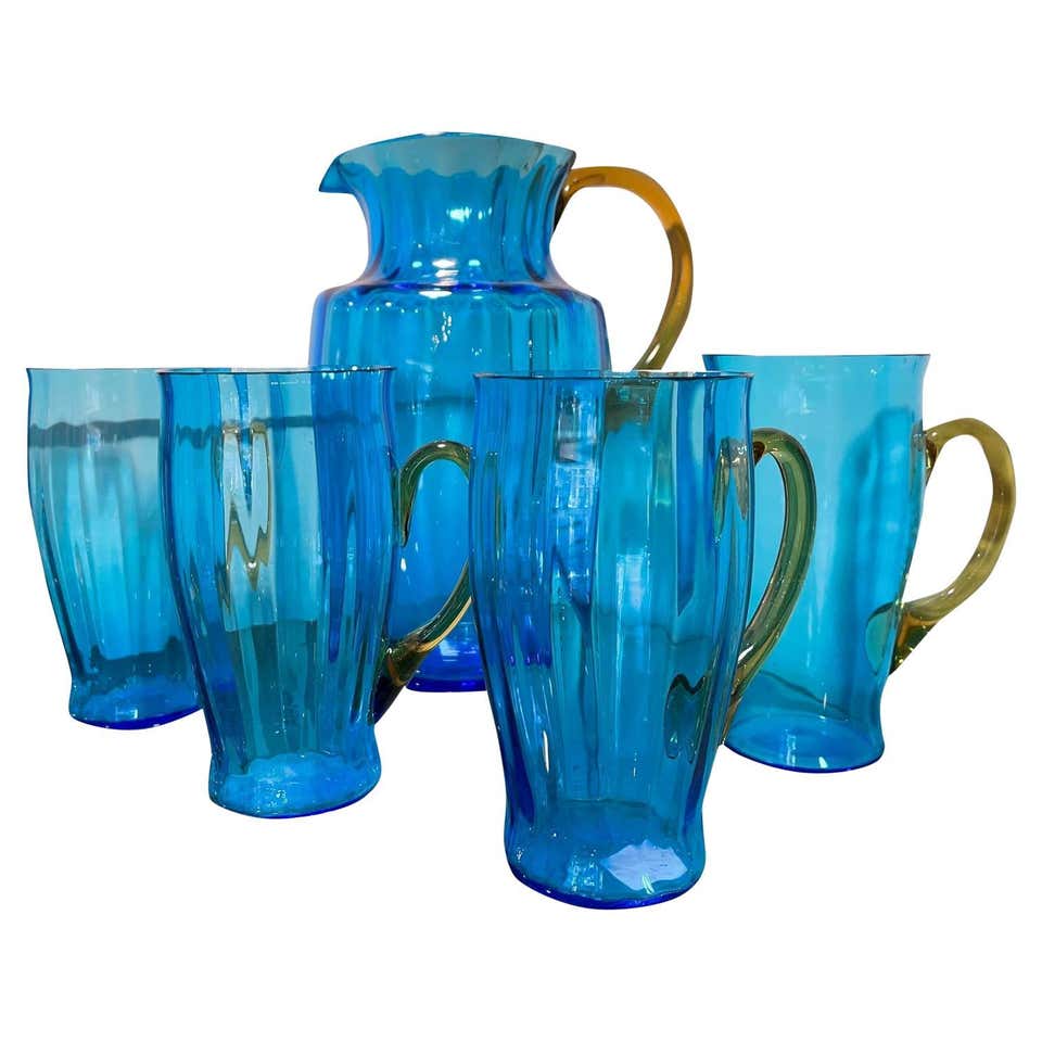Azure Blue Over White Cased Venetian Glass Pitcher with Darker Blue ...