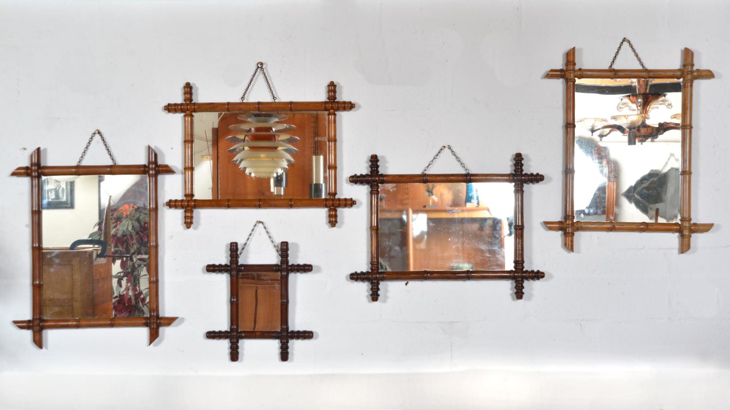 A wonderfully decorative set of five faux bamboo frames with original mirrors, made in France in the mid 19th century. The frames (typically fruitwood), are turned to mimic bamboo, and look fabulous especially when grouped together. As these are