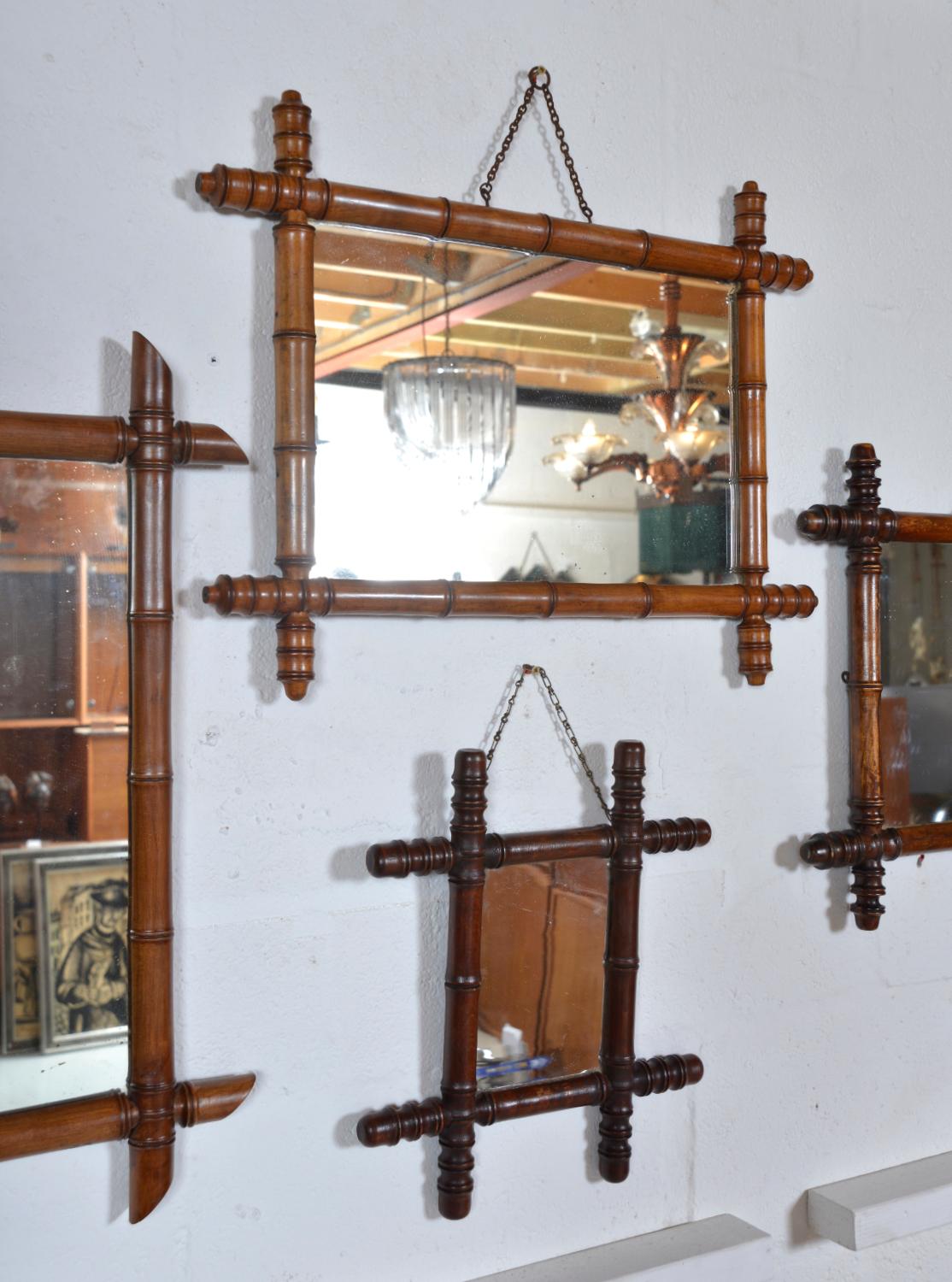 Hand-Carved Set of 5 French Antique Faux Bamboo Wall Mirrors Frames Folk Art 19th Century  For Sale