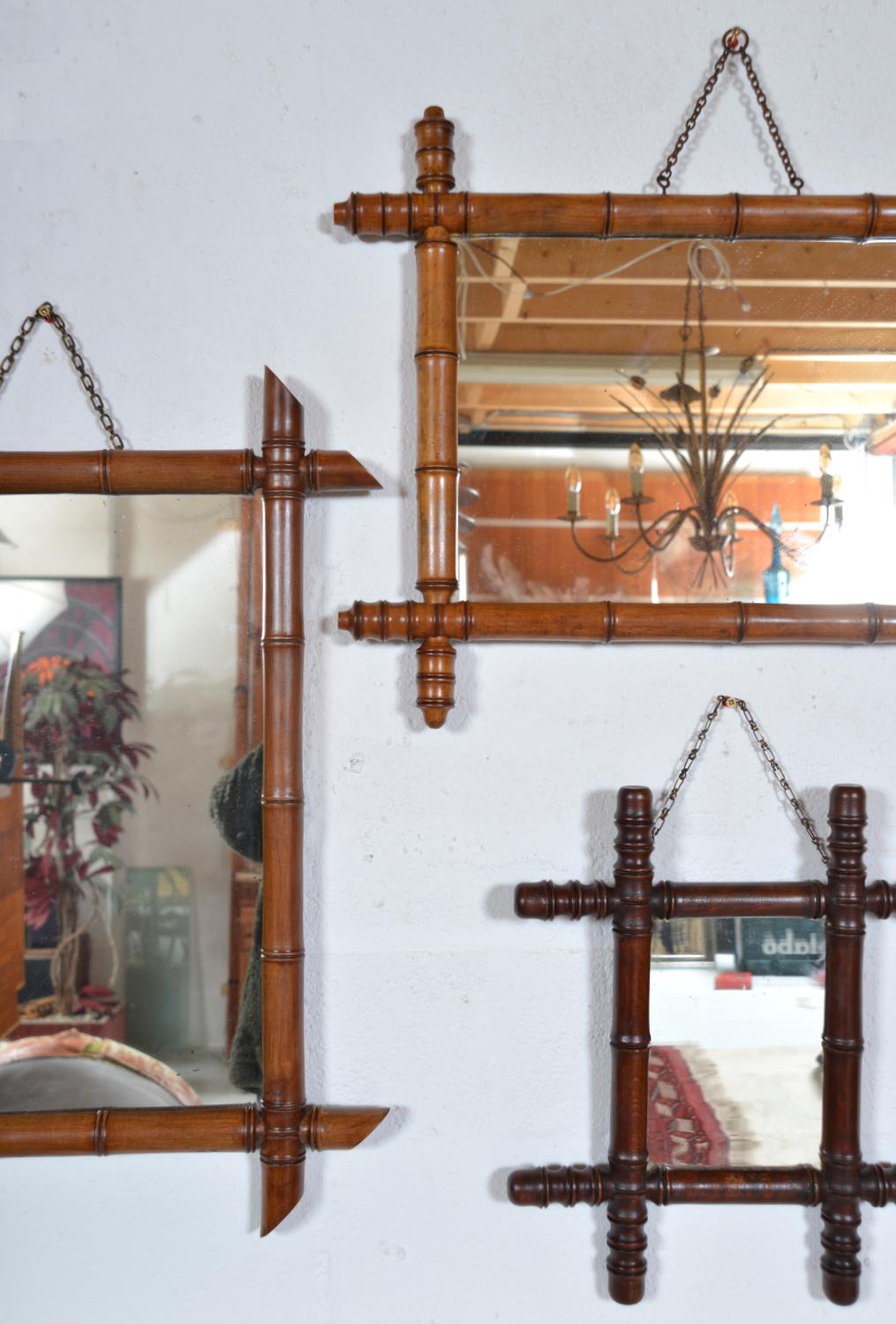 Sculpté à la main Ensemble de 5 miroirs muraux français anciens en faux bambou cadre artisanal 19ème siècle en vente