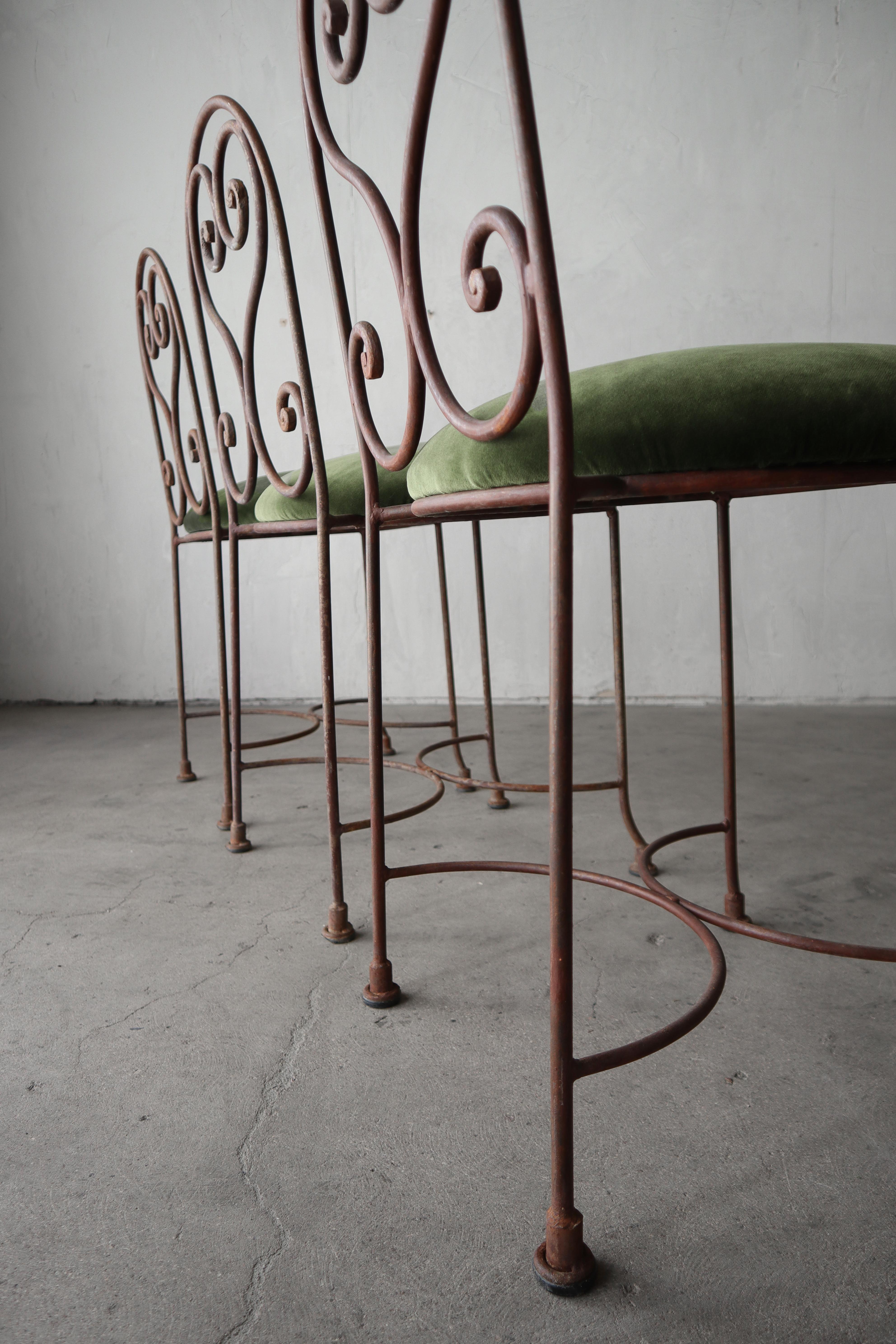Velvet Set of 5 French Antique Iron Garden Dining Chairs For Sale