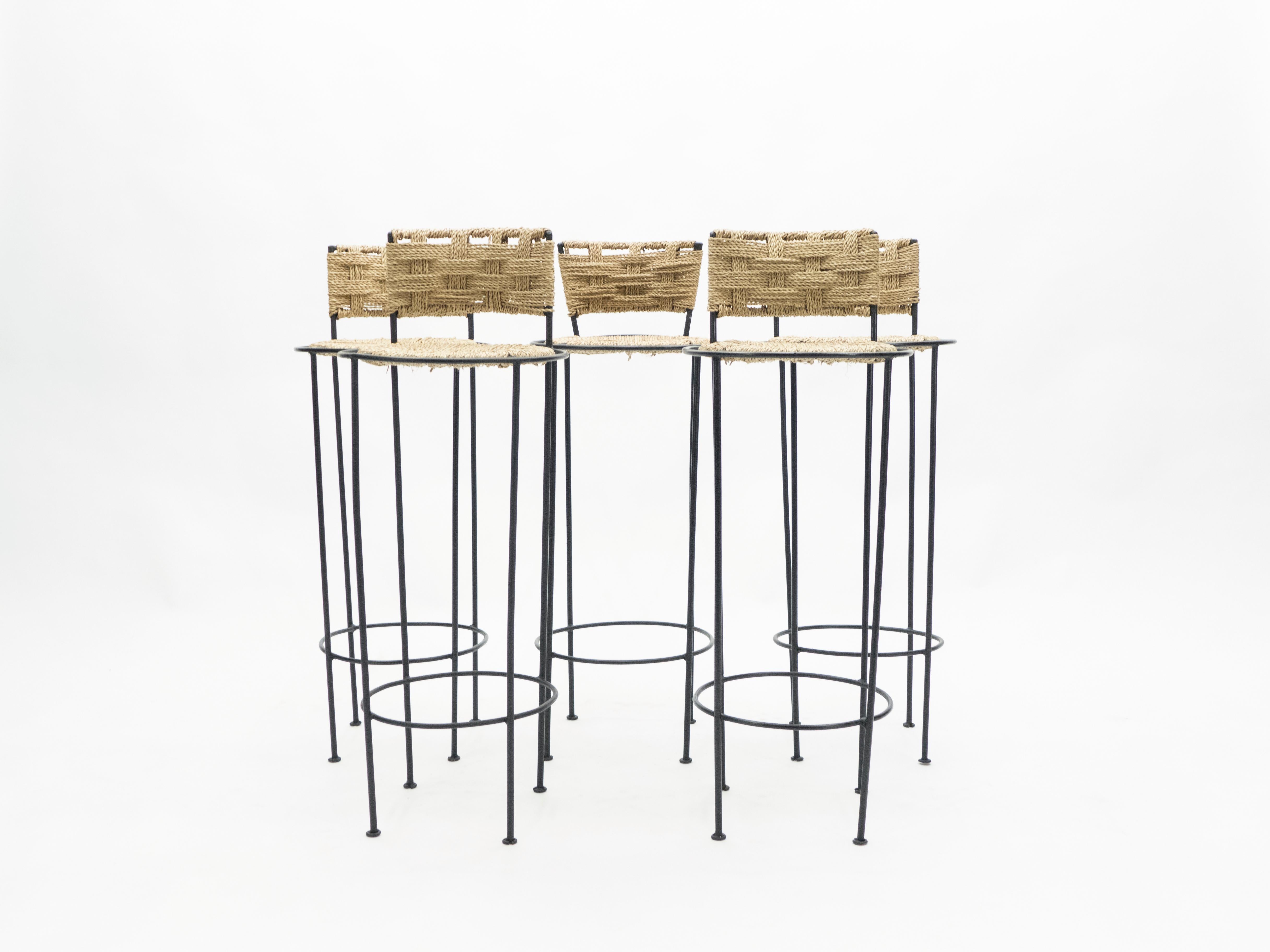 Set of 5 French Bar Stools Rope and Metal by Audoux Minet, 1950s 13