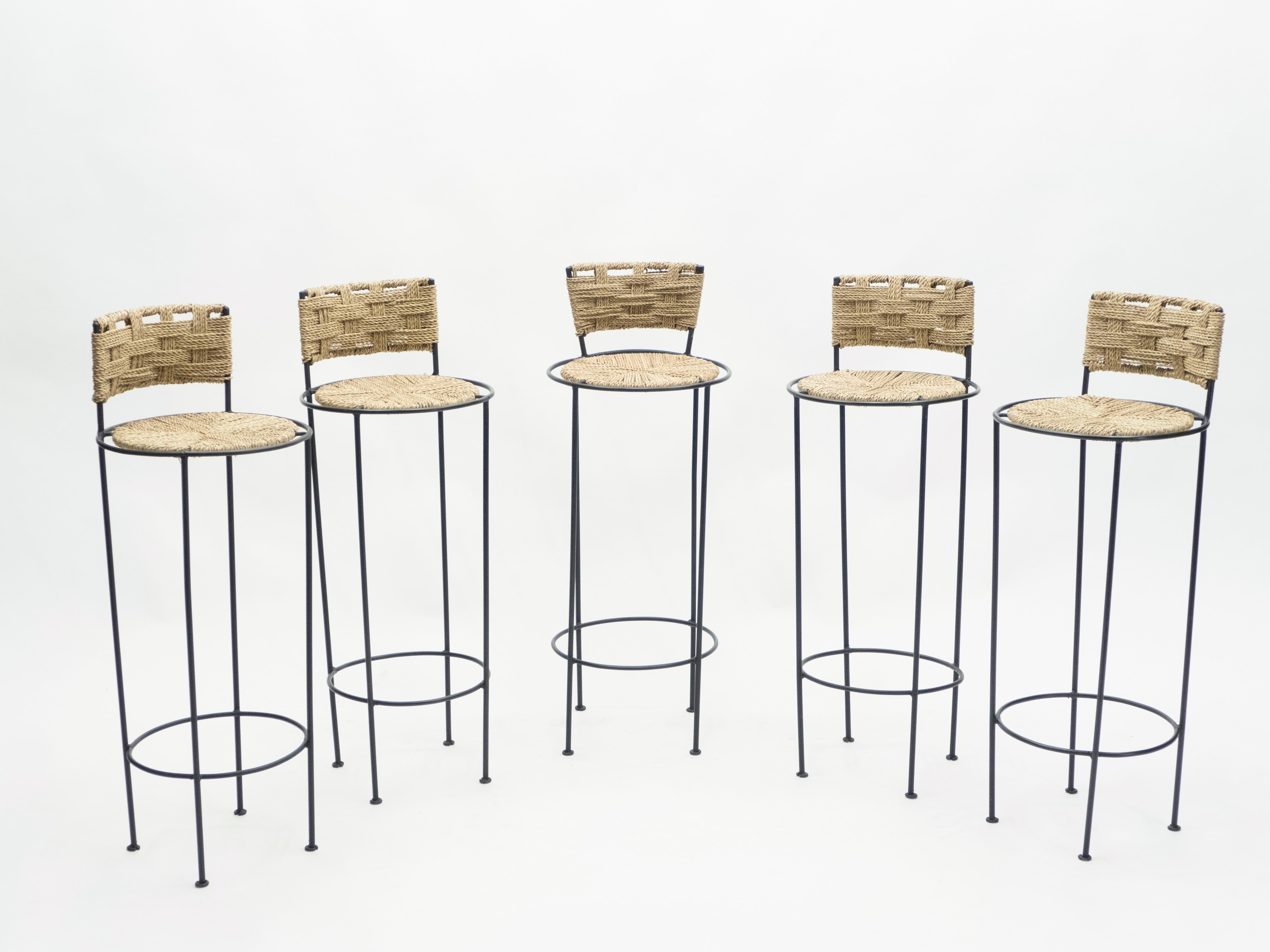 Mid-Century Modern Set of 5 French Bar Stools Rope and Metal by Audoux Minet, 1950s