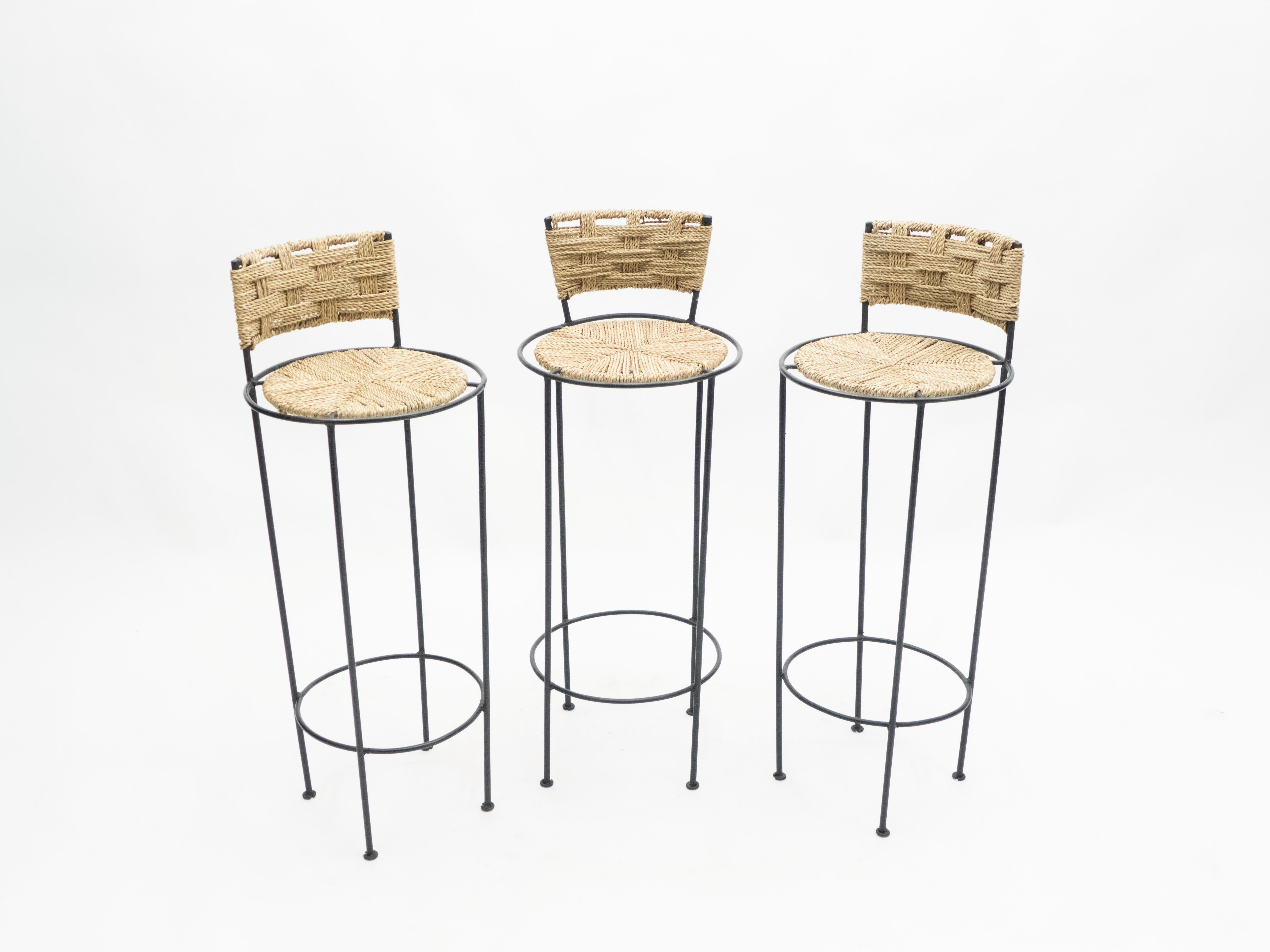 Set of 5 French Bar Stools Rope and Metal by Audoux Minet, 1950s In Good Condition In Paris, IDF