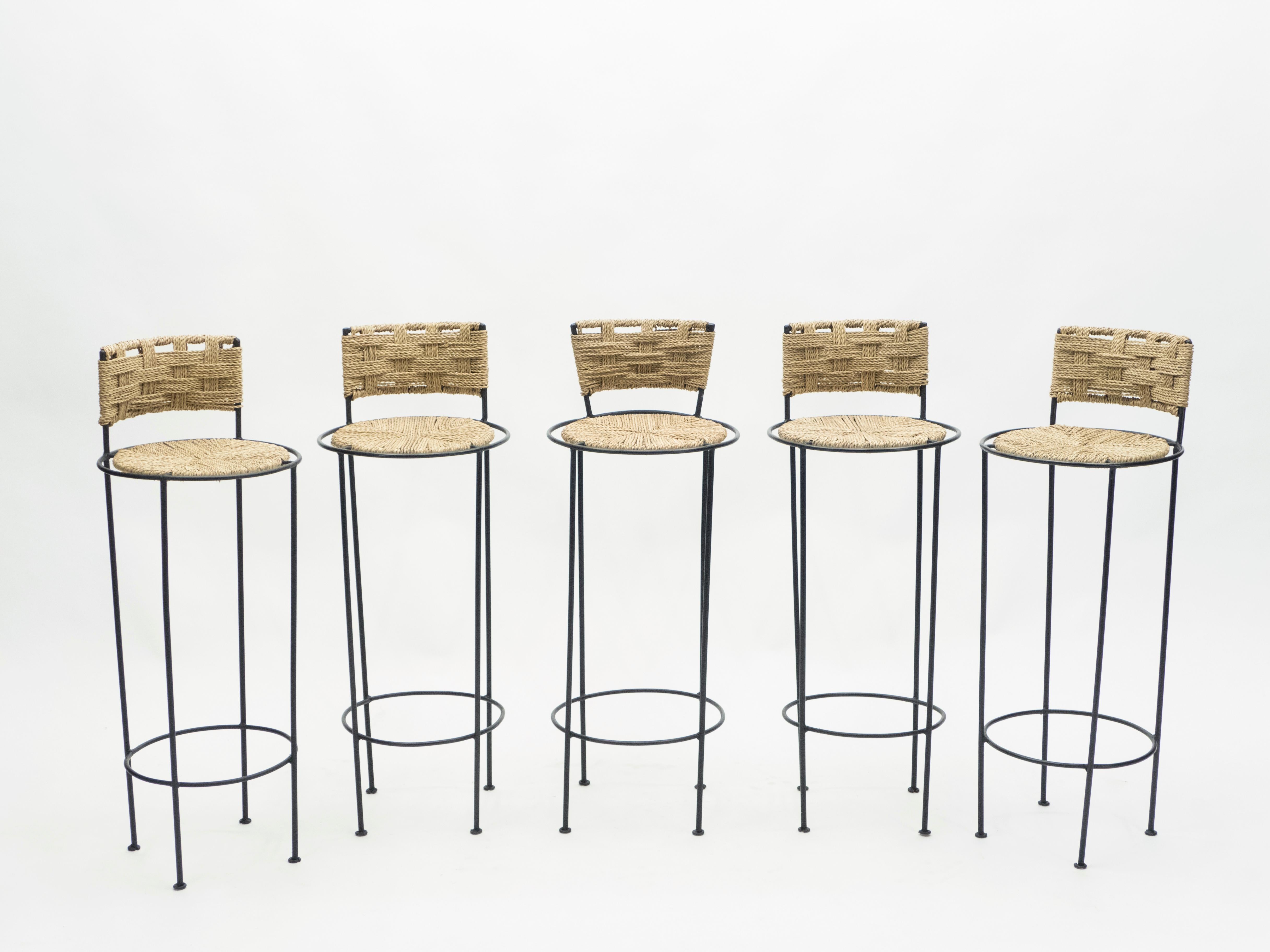 Mid-20th Century Set of 5 French Bar Stools Rope and Metal by Audoux Minet, 1950s