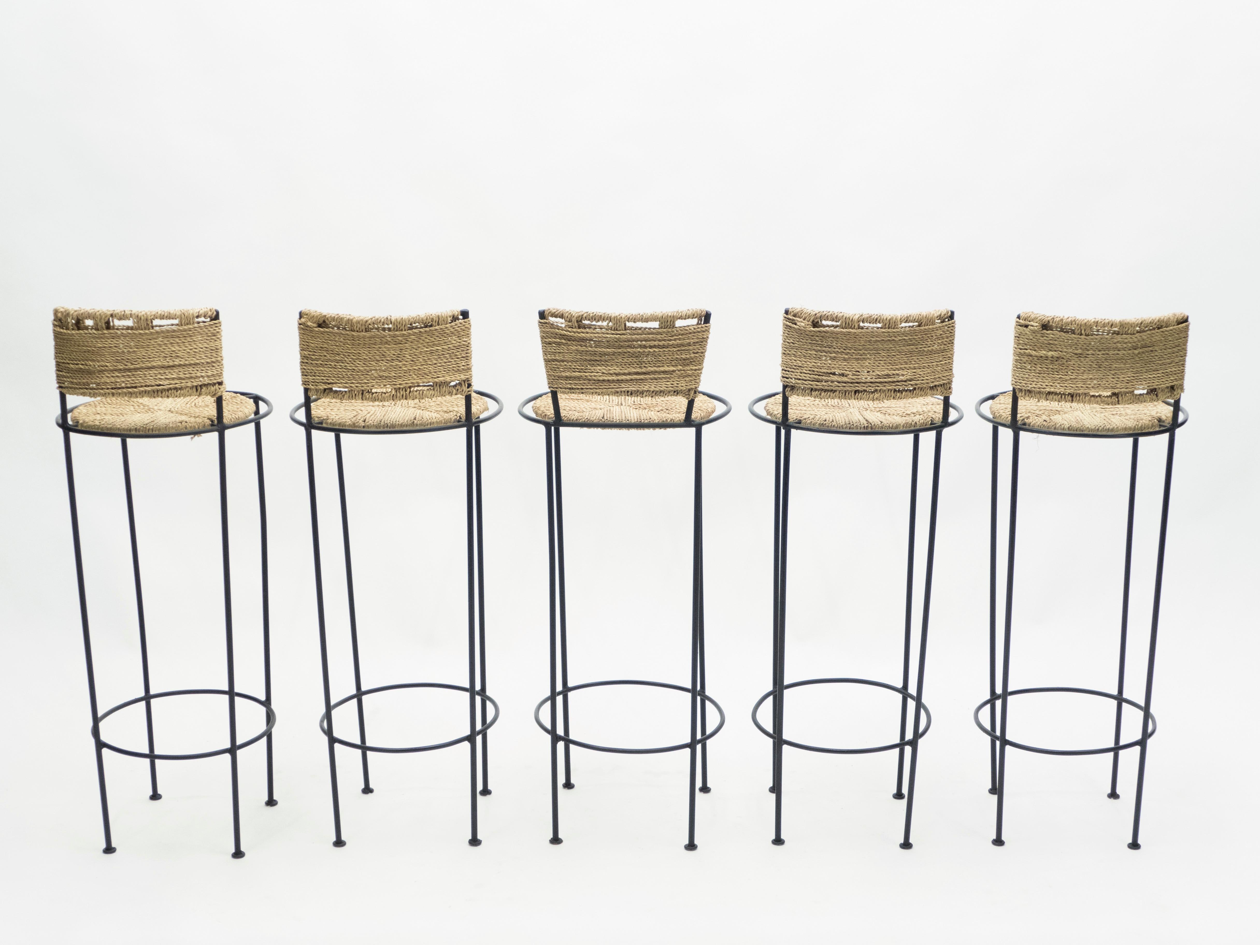 Set of 5 French Bar Stools Rope and Metal by Audoux Minet, 1950s 1