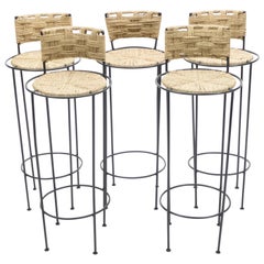 Set of 5 French Bar Stools Rope and Metal by Audoux Minet, 1950s